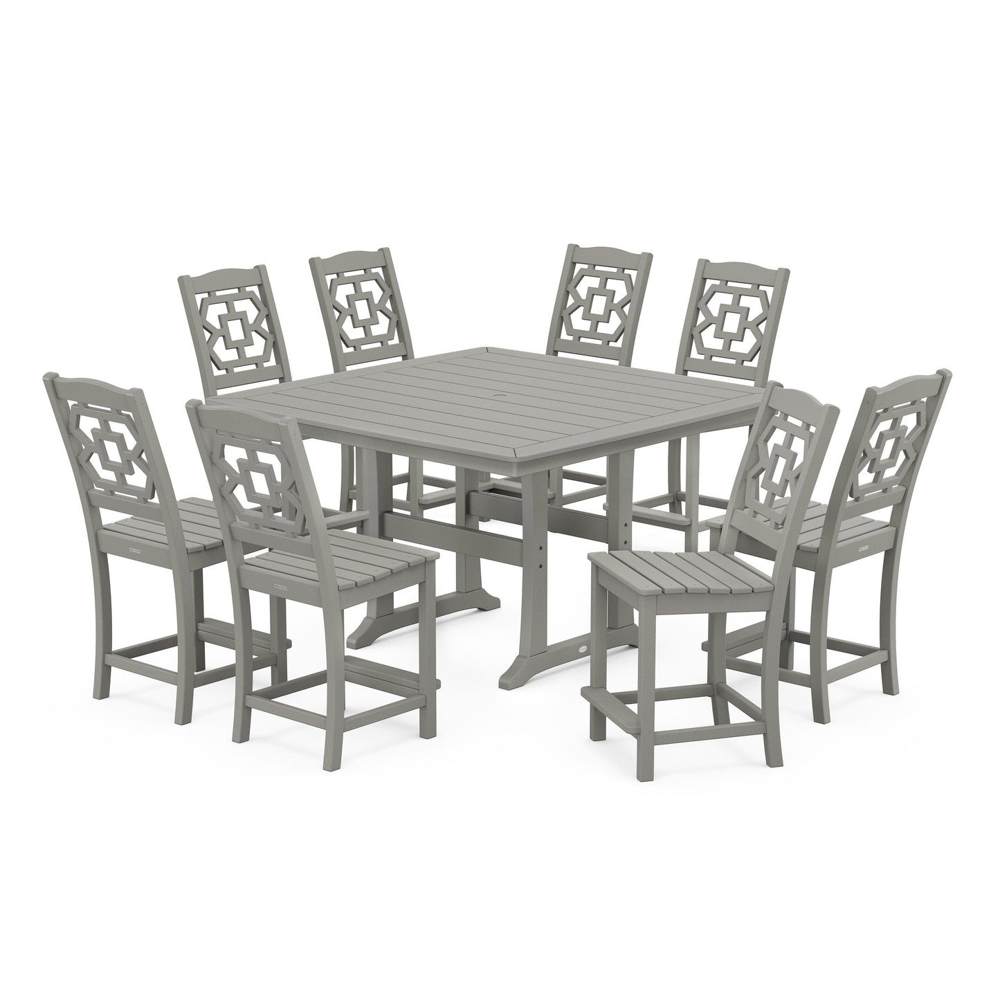 POLYWOOD Chinoiserie 9-Piece Square Side Chair Counter Set with Trestle Legs — Slate Grey