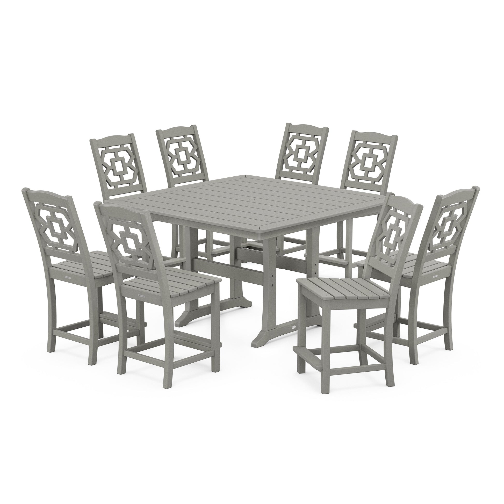 POLYWOOD Chinoiserie 9-Piece Square Side Chair Counter Set with Trestle Legs — Slate Grey