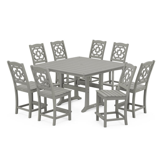 POLYWOOD Chinoiserie 9-Piece Square Side Chair Counter Set with Trestle Legs — Slate Grey