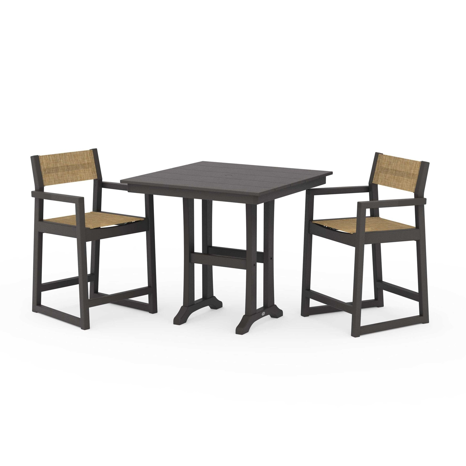 POLYWOOD EDGE Sling Arm Chair 3-Piece Farmhouse Counter Set with Trestle Legs — Vintage Coffee / Burlap Sling