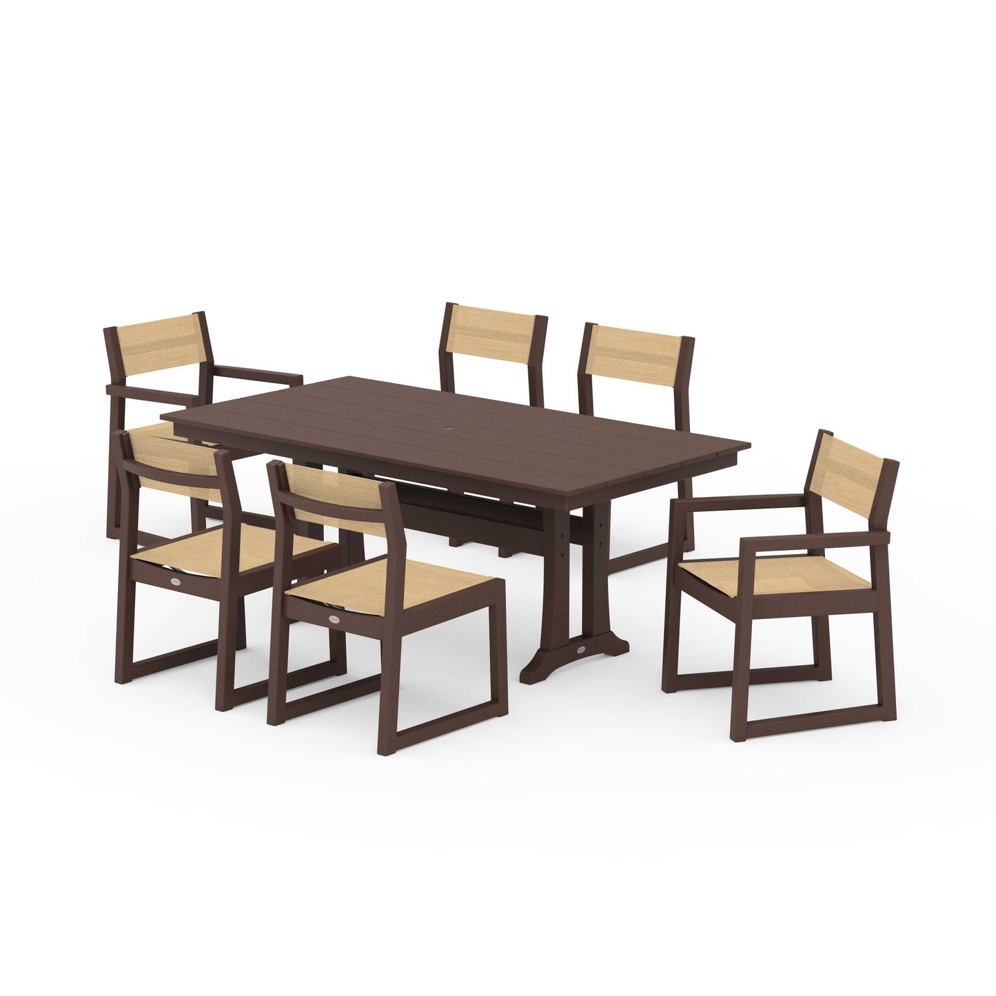POLYWOOD EDGE Sling 7-Piece Farmhouse Trestle Dining Set — Mahogany / Dupioni Apricot Sling