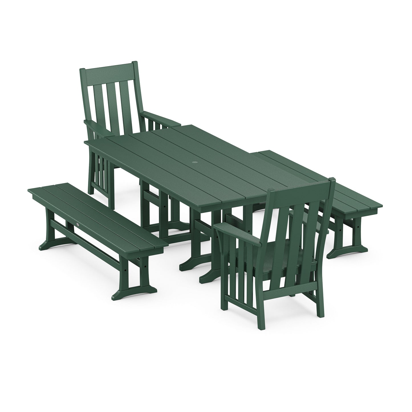 POLYWOOD Acadia 5-Piece Farmhouse Dining Set with Benches — Green