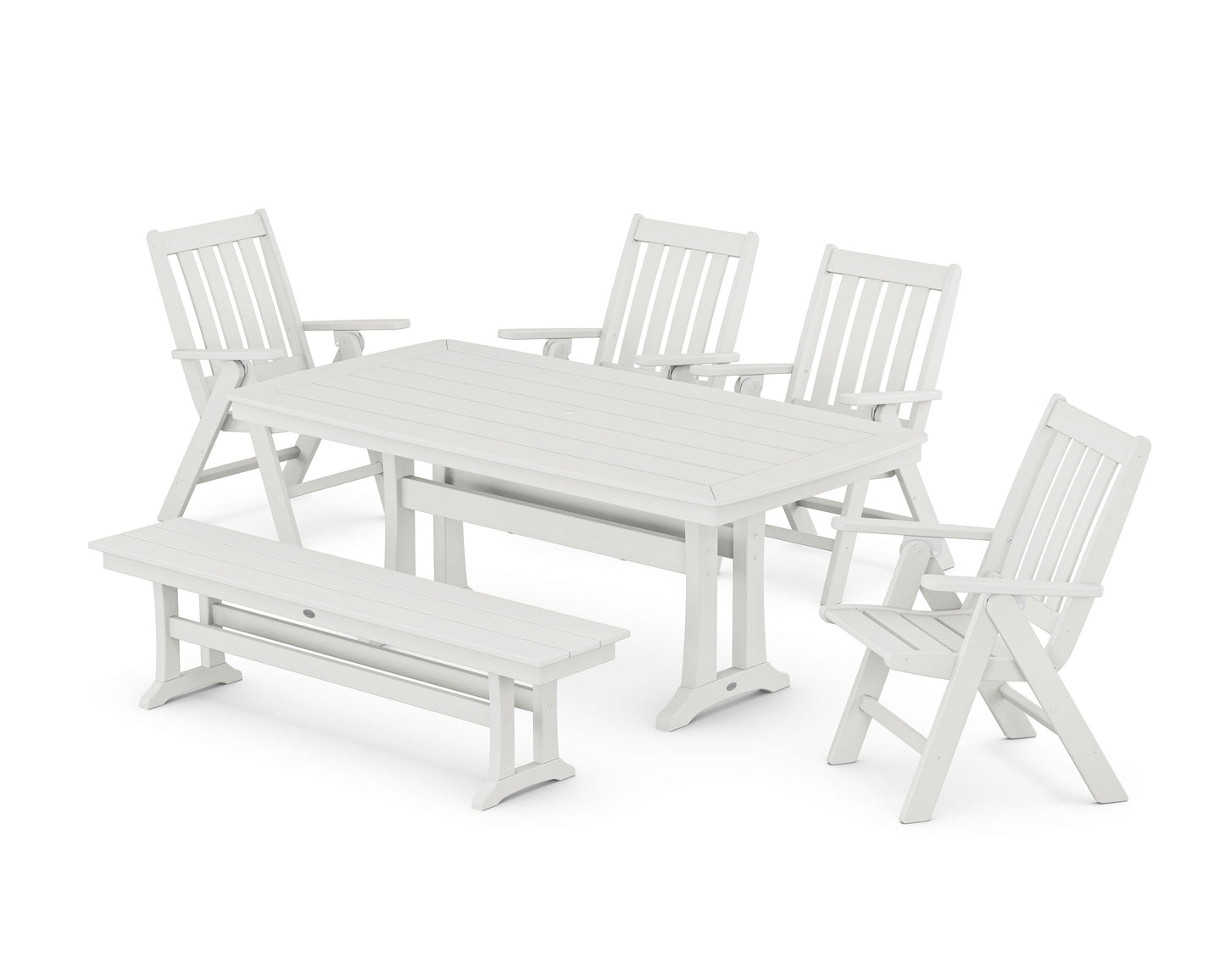 POLYWOOD Vineyard Folding Chair 6-Piece Dining Set with Trestle Legs and Bench — Vintage White