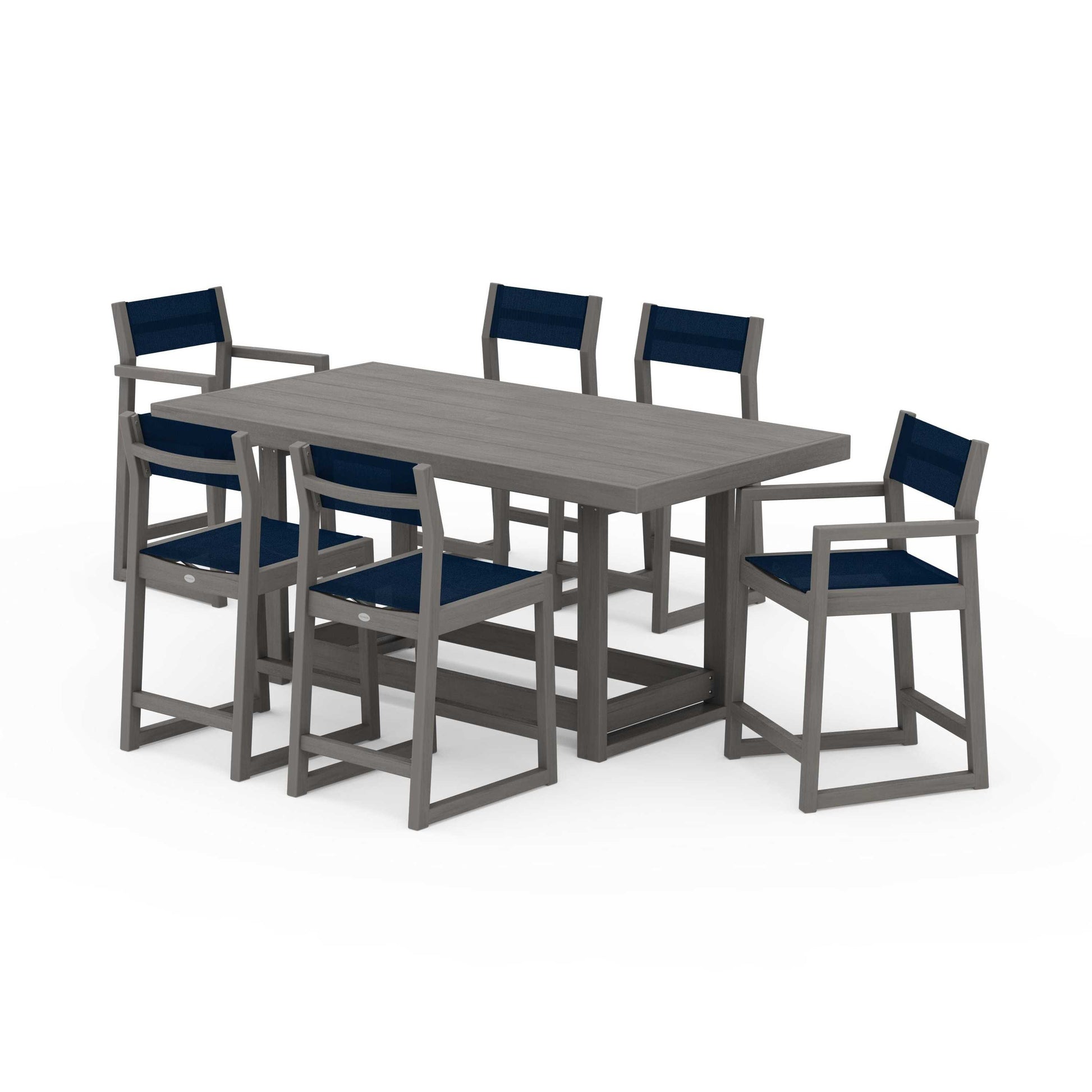 POLYWOOD EDGE Sling 7-Piece Counter Table Set — Driftwood / Navy Blue Sling