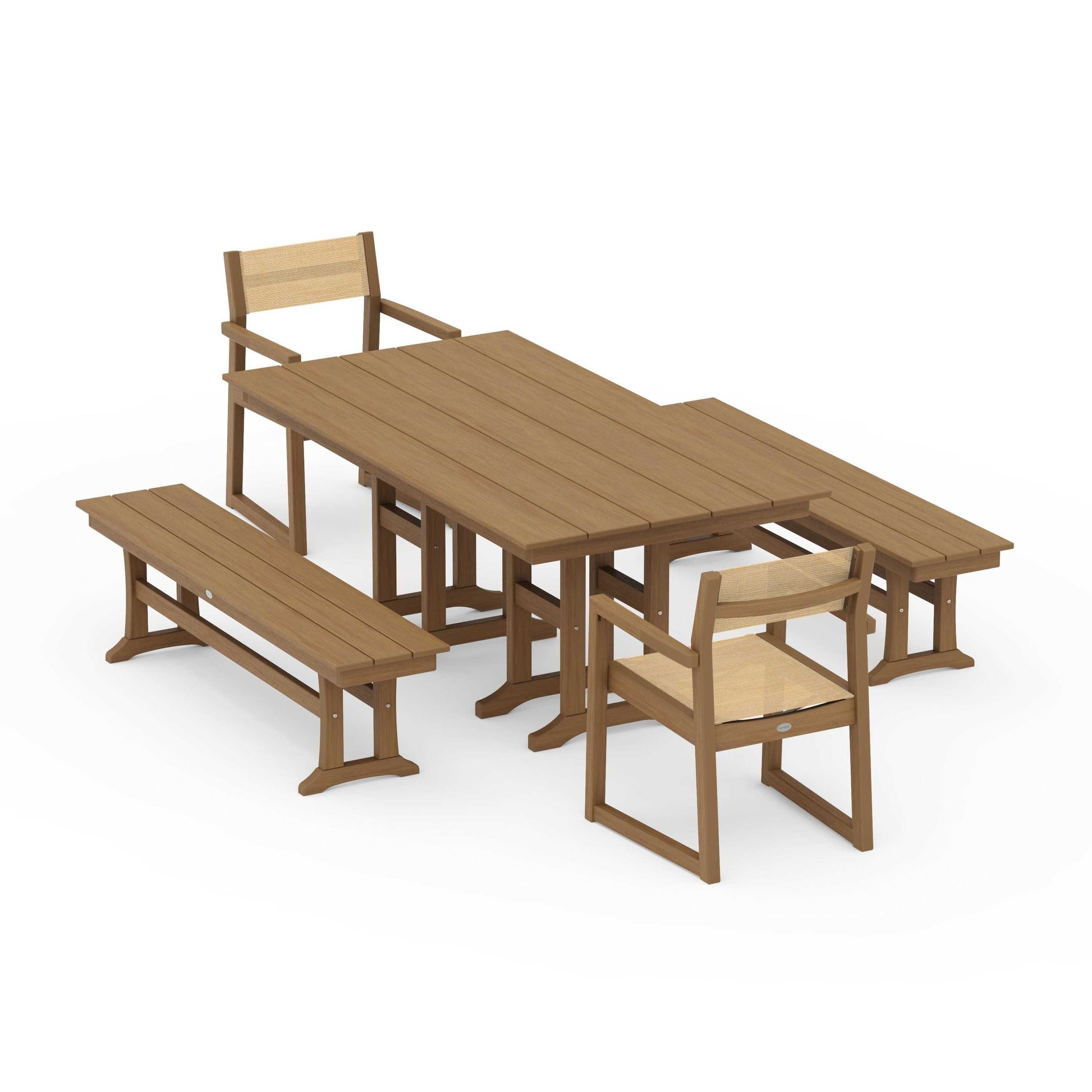 POLYWOOD EDGE Sling Arm Chair 5-Piece Farmhouse Dining Set with Benches — Natural / Dupioni Apricot Sling
