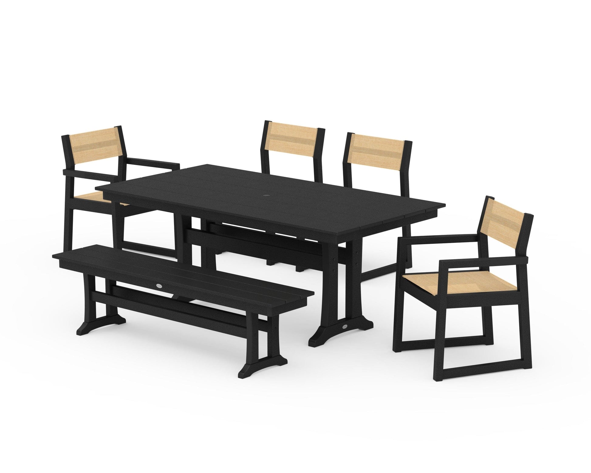 POLYWOOD EDGE Sling 6-Piece Farmhouse Dining Set With Trestle Legs — Black / Dupioni Apricot Sling