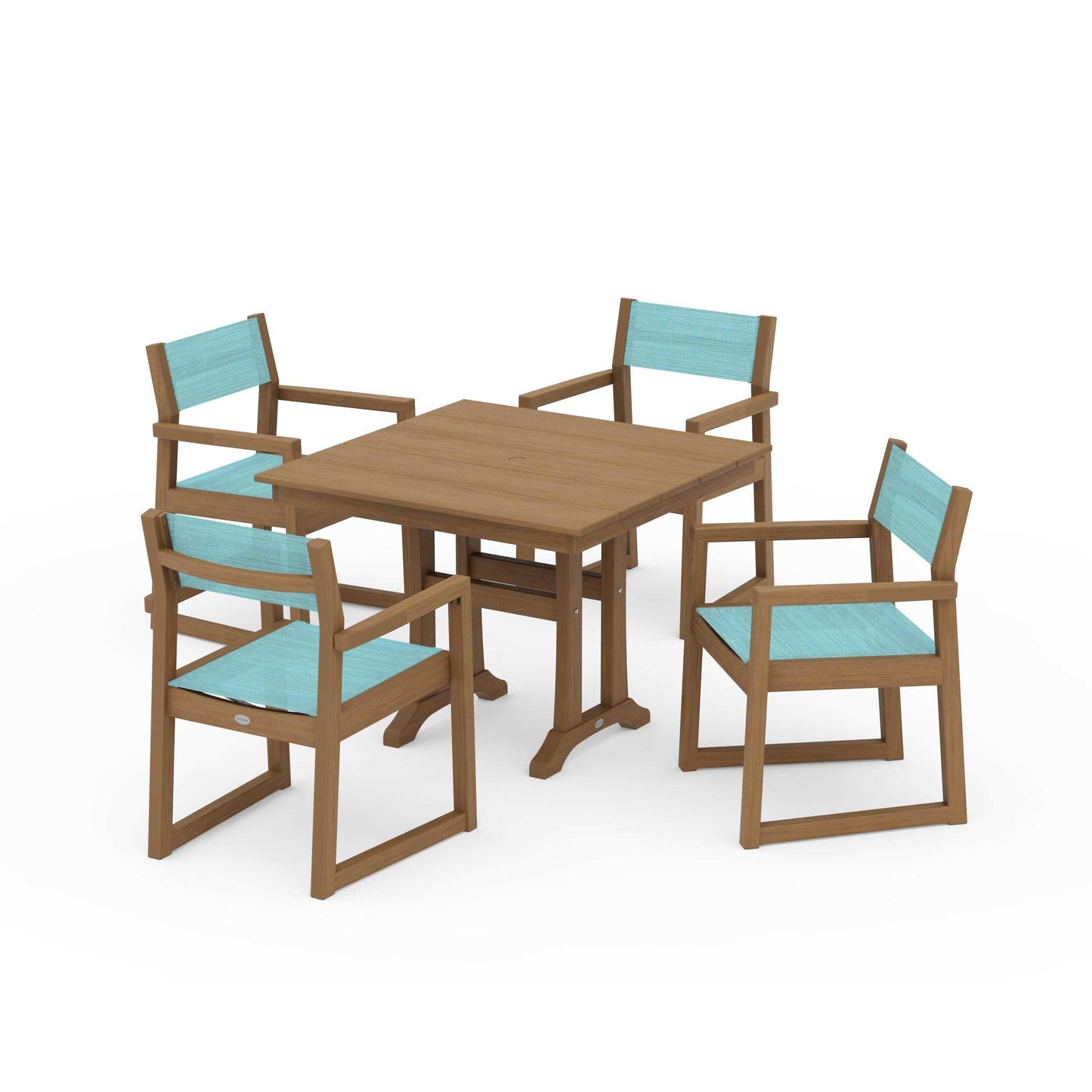 POLYWOOD EDGE Sling 5-Piece Farmhouse Dining Set with Trestle Legs — Natural / Dupioni Aquamarine Sling
