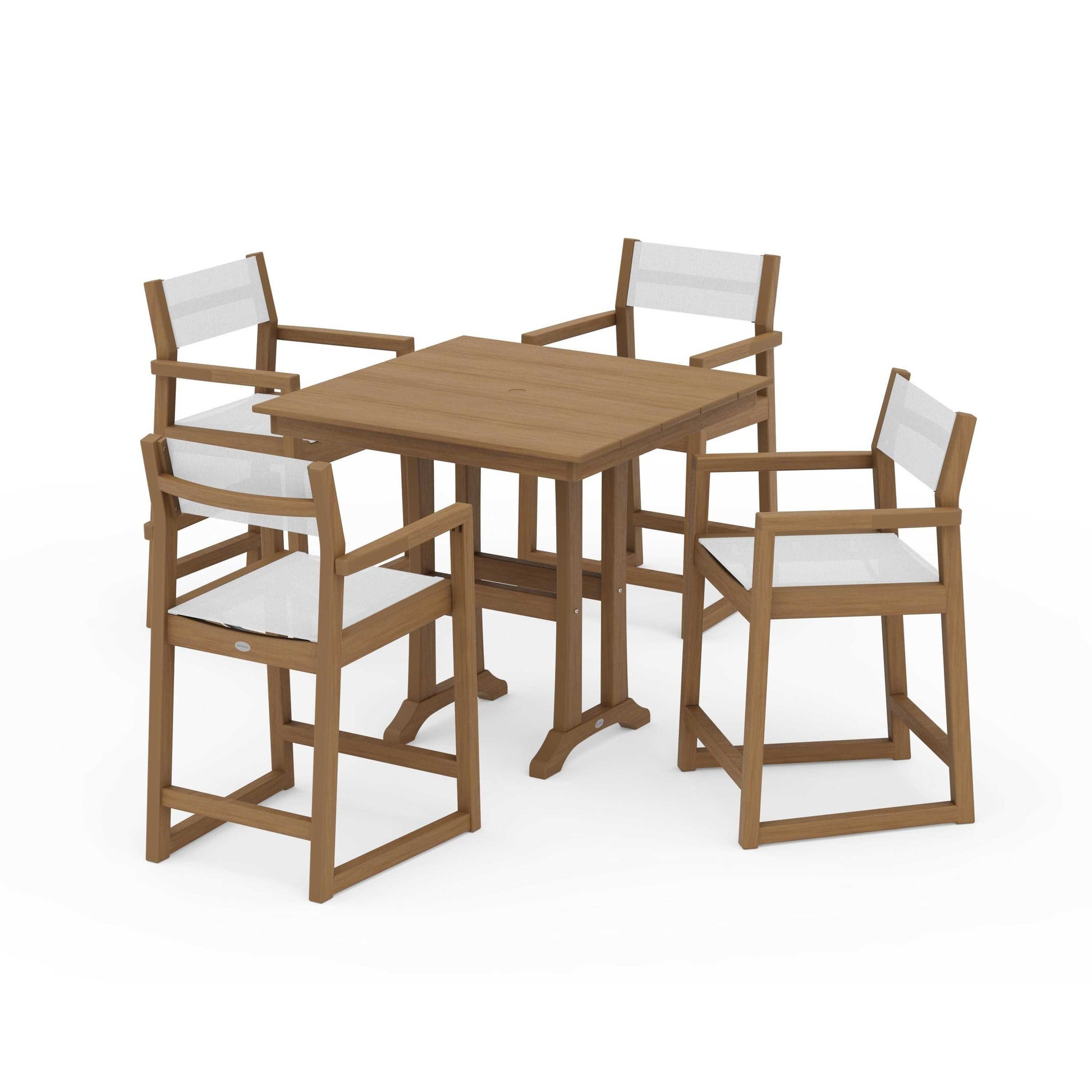 POLYWOOD EDGE Sling Arm Chair 5-Piece Farmhouse Counter Set with Trestle Legs — Natural / White Sling