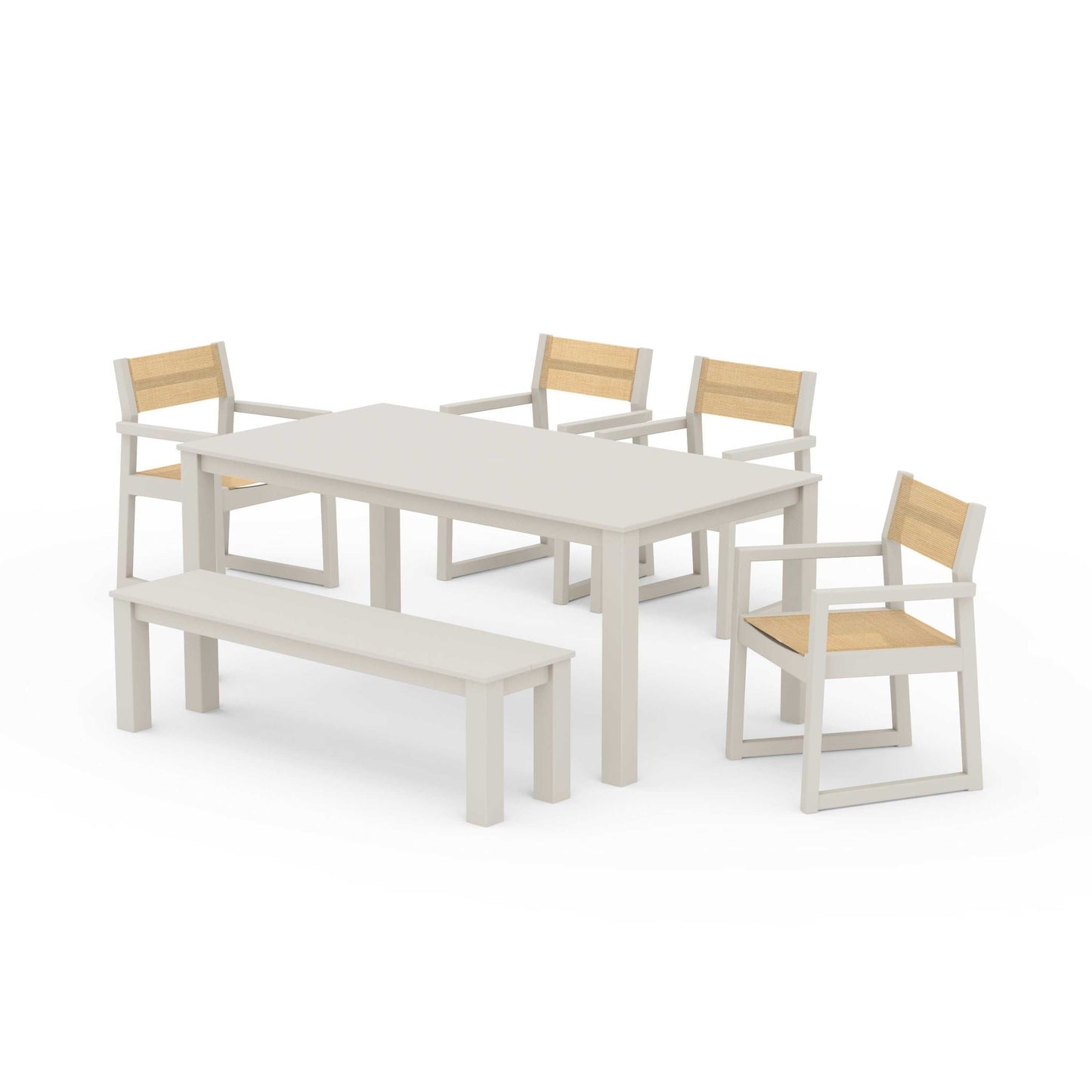 POLYWOOD EDGE Sling Arm Chair 6-Piece Parsons Dining Set with Bench — Sand / Dupioni Apricot Sling