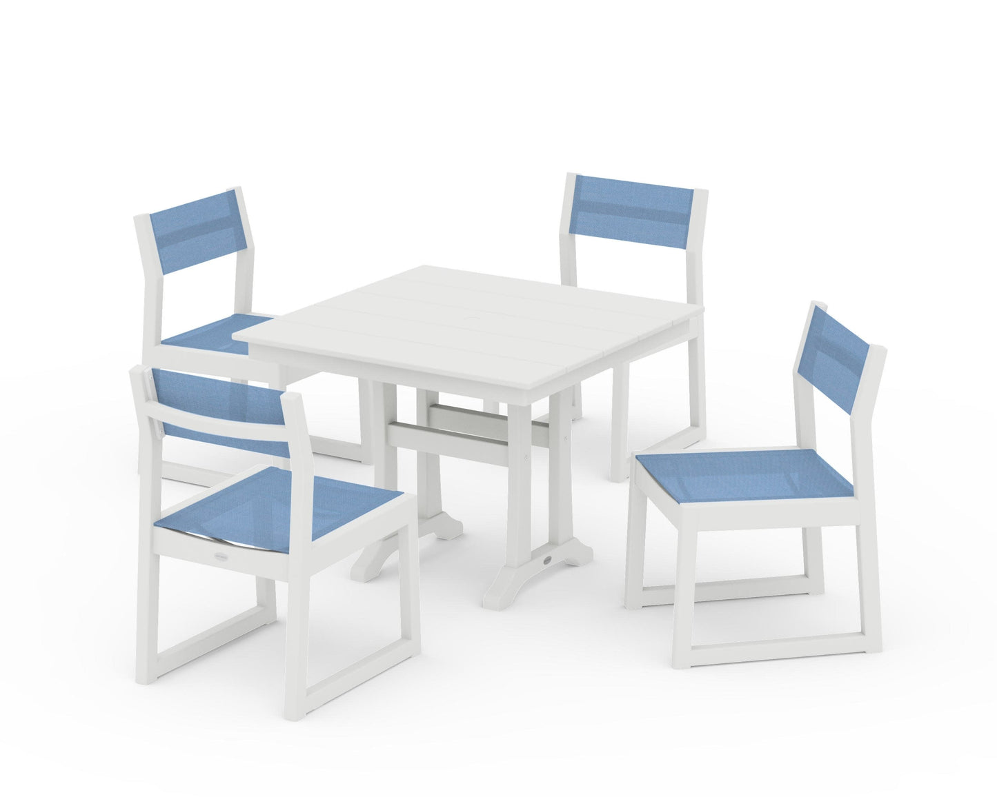POLYWOOD EDGE Sling 5-Piece Farmhouse Trestle Side Chair Dining Set — Vintage White / Poolside Sling