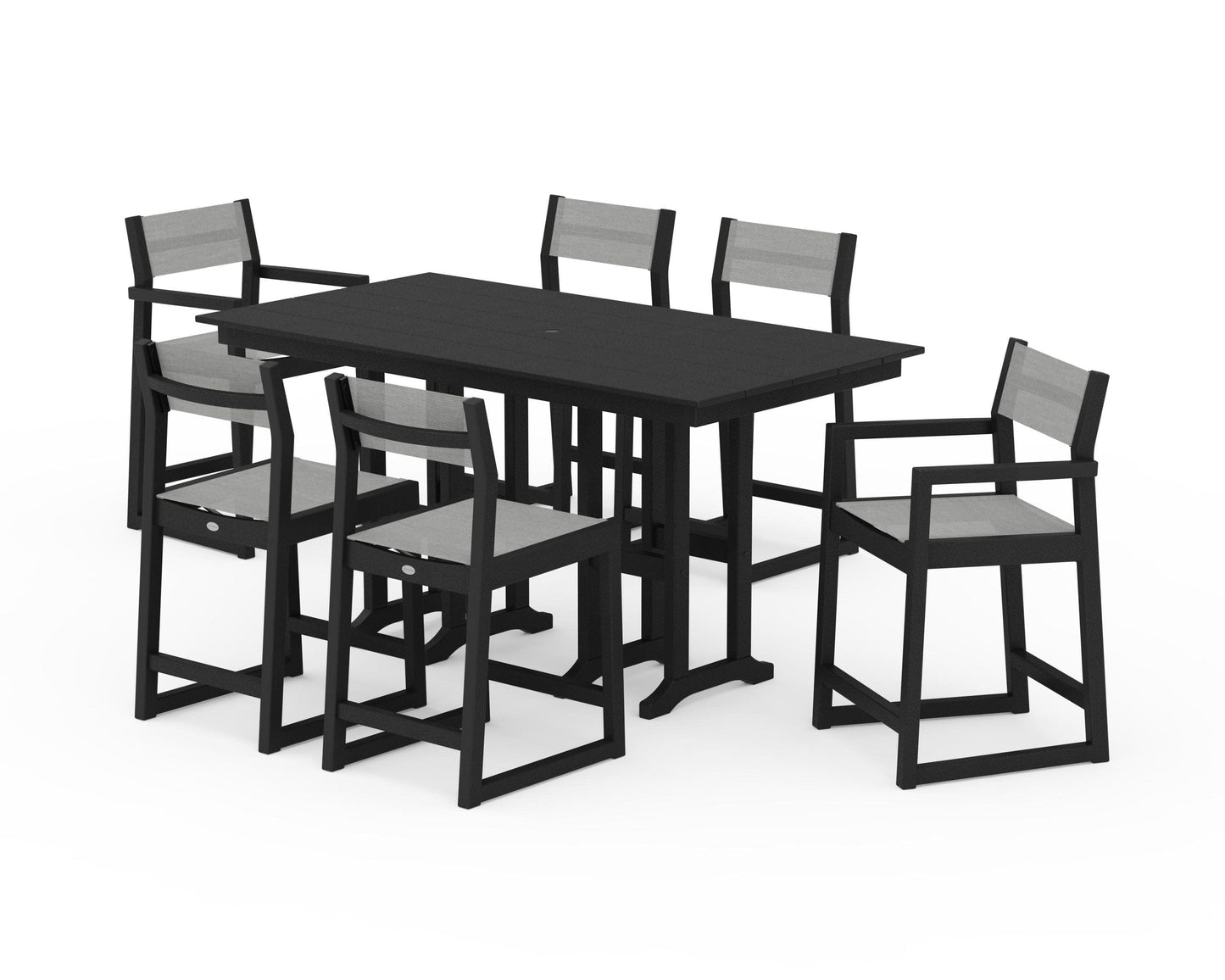 POLYWOOD EDGE Sling 7-Piece Farmhouse Counter Set with Trestle Legs — Black / Metallic Sling