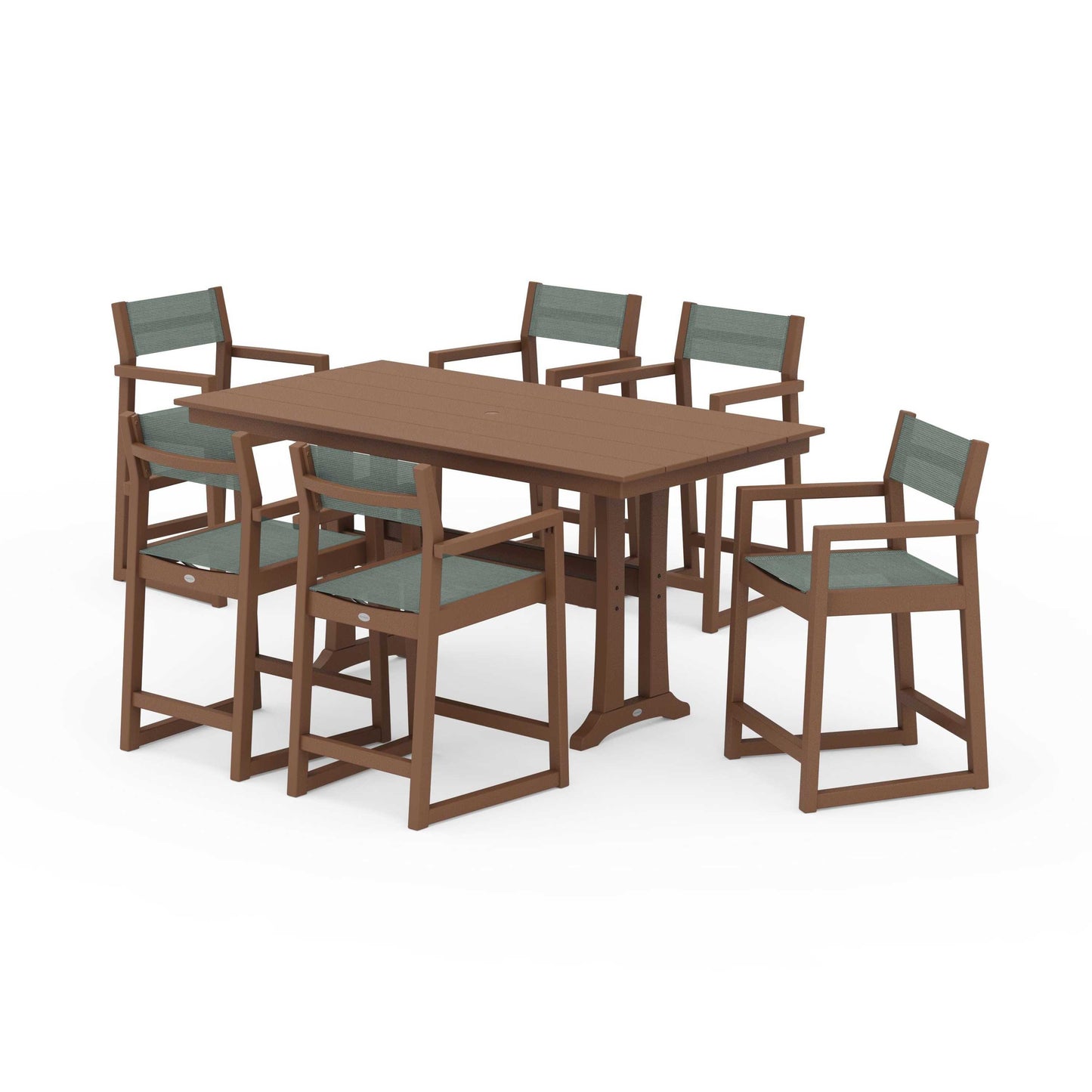 POLYWOOD EDGE Sling Arm Chair 7-Piece Farmhouse Counter Set with Trestle Legs — Teak / Dupioni Sea Mist Sling