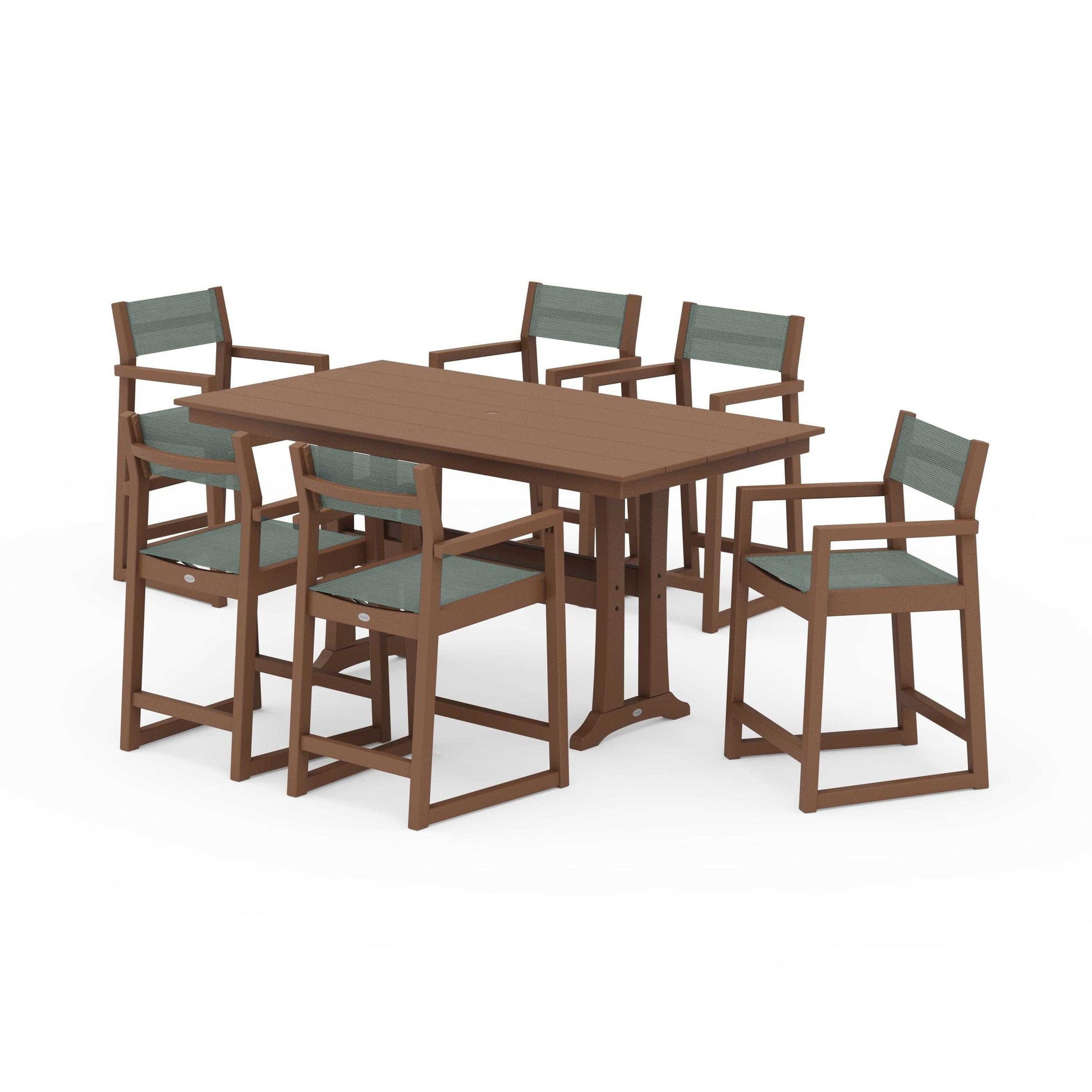 POLYWOOD EDGE Sling Arm Chair 7-Piece Farmhouse Counter Set with Trestle Legs — Teak / Dupioni Sea Mist Sling