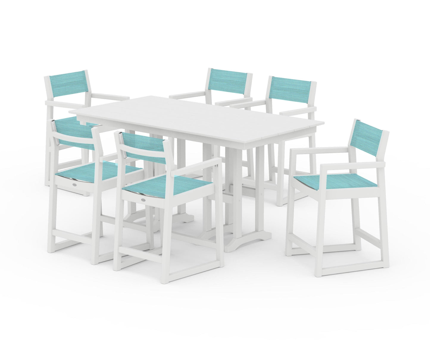 POLYWOOD EDGE Sling Arm Chair 7-Piece Farmhouse Counter Set — White / Dupioni Aquamarine Sling