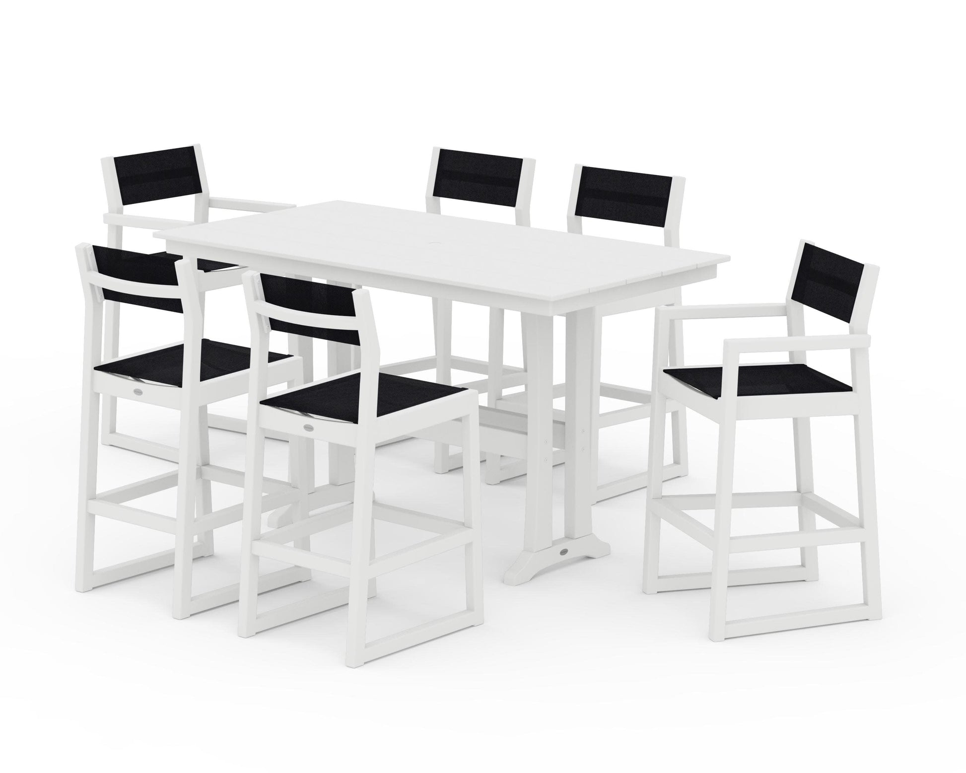 POLYWOOD EDGE Sling 7-Piece Farmhouse Bar Set with Trestle Legs — White / Black Sling
