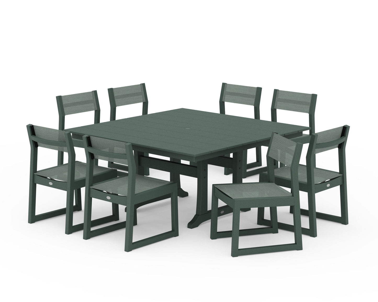 POLYWOOD EDGE Sling Side Chair 9-Piece Farmhouse Trestle Dining Set — Green / Dupioni Sea Mist Sling