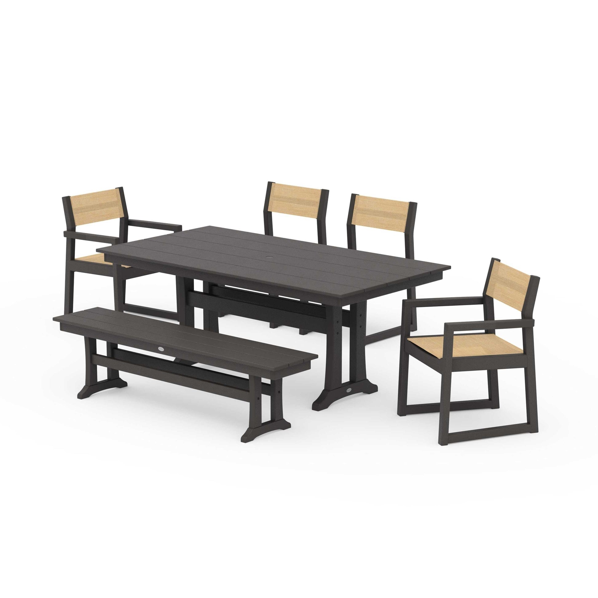 POLYWOOD EDGE Sling 6-Piece Farmhouse Dining Set With Trestle Legs — Vintage Coffee / Dupioni Apricot Sling