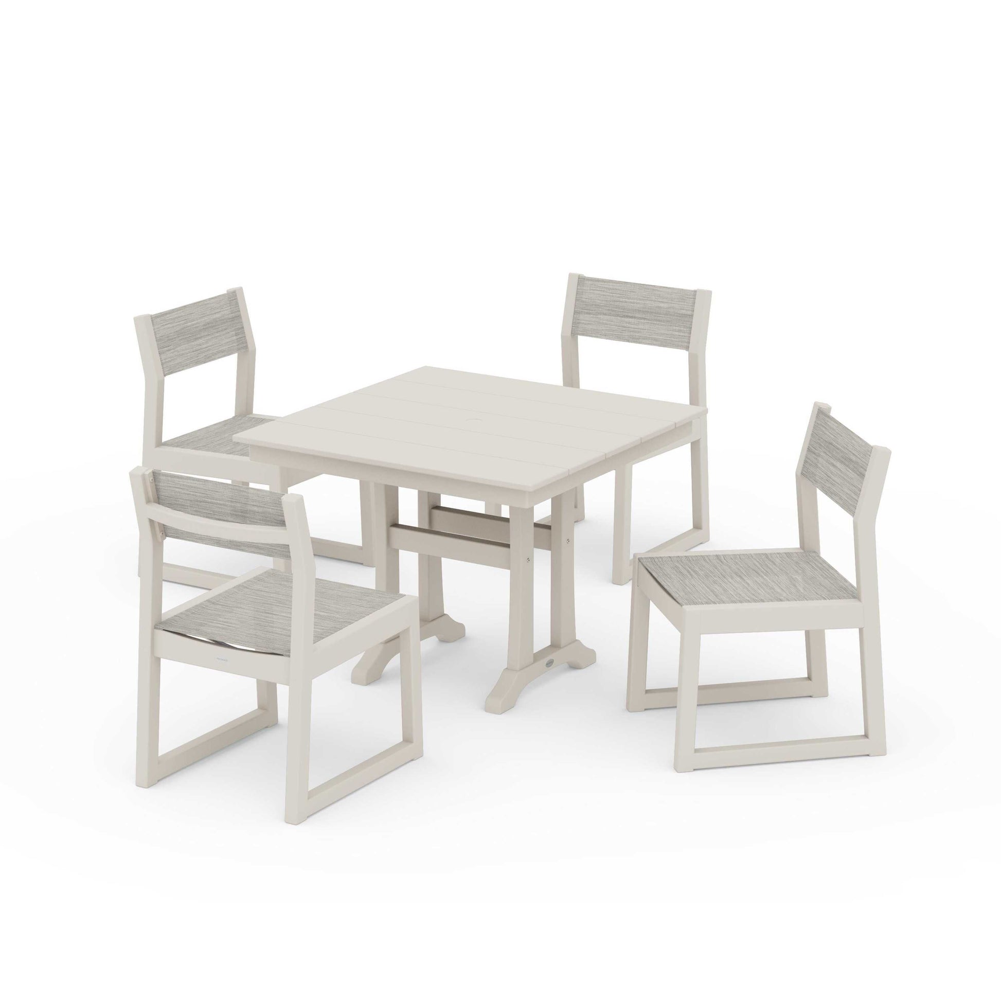 POLYWOOD EDGE Sling 5-Piece Farmhouse Trestle Side Chair Dining Set — Sand / Birch Sling