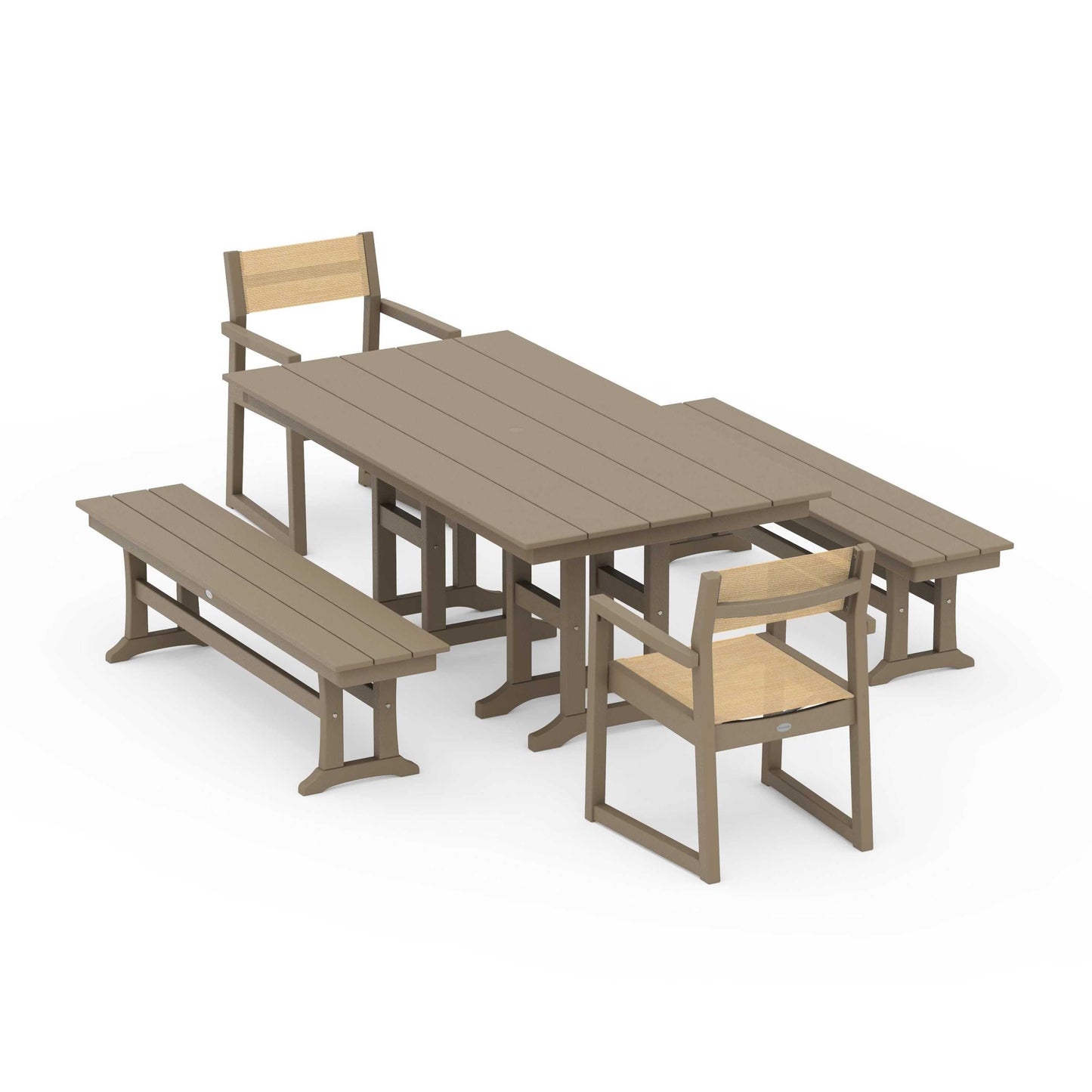 POLYWOOD EDGE Sling Arm Chair 5-Piece Farmhouse Dining Set with Benches — Vintage Sahara / Dupioni Apricot Sling
