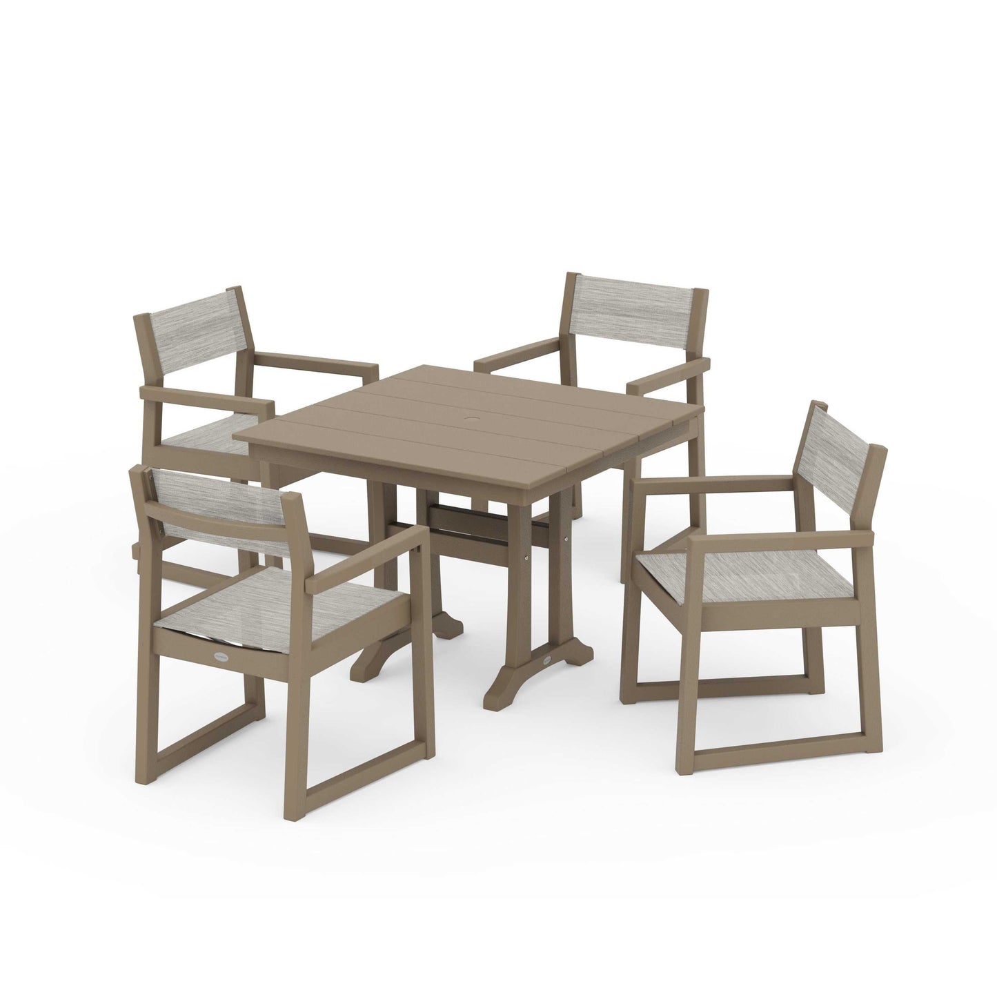 POLYWOOD EDGE Sling 5-Piece Farmhouse Dining Set with Trestle Legs — Vintage Sahara / Birch Sling
