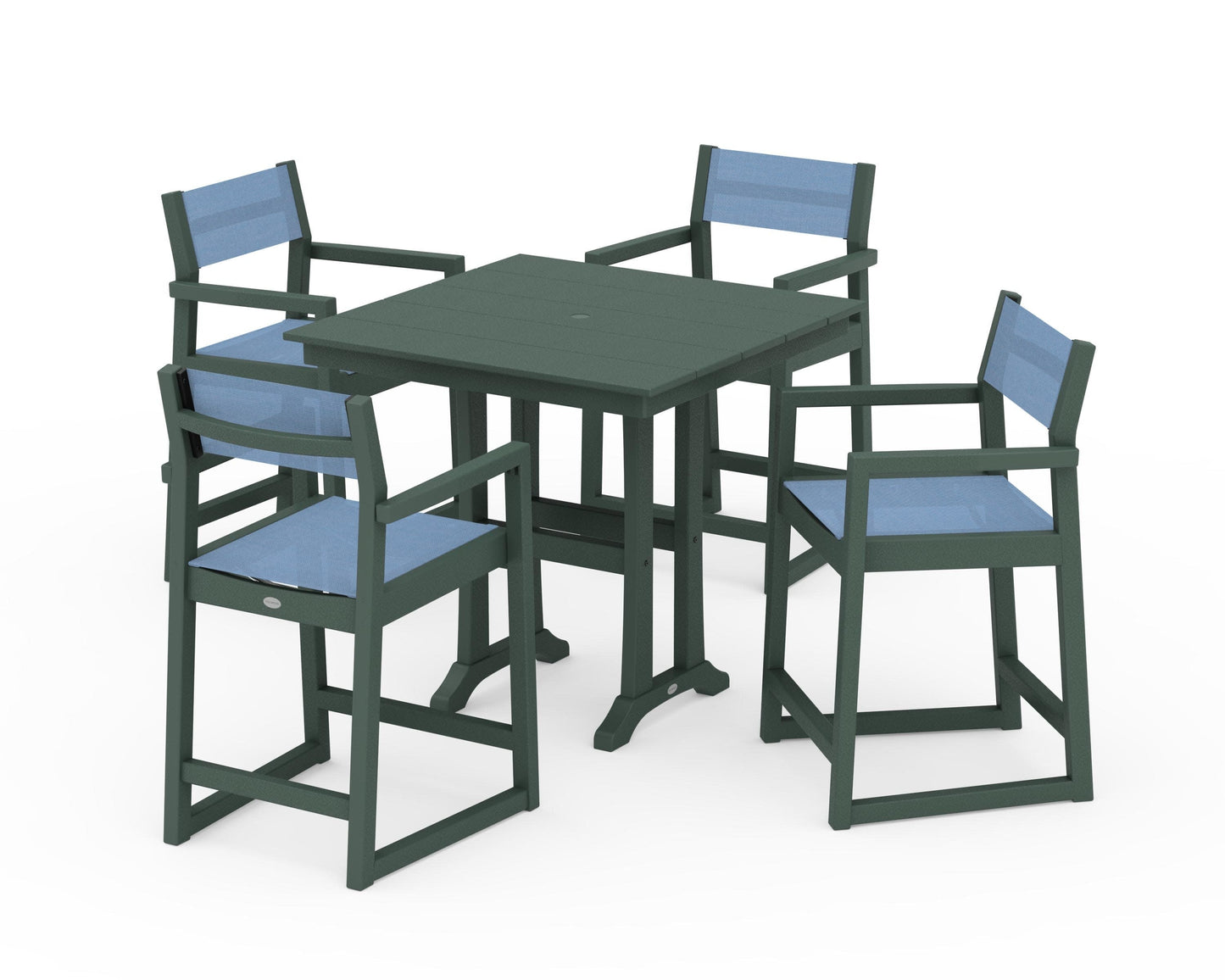 POLYWOOD EDGE Sling Arm Chair 5-Piece Farmhouse Counter Set with Trestle Legs — Green / Poolside Sling