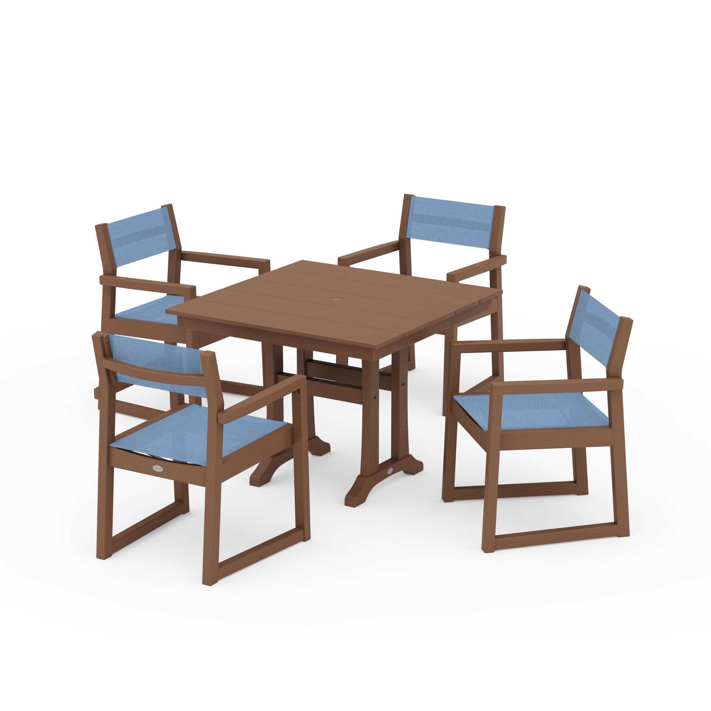 POLYWOOD EDGE Sling 5-Piece Farmhouse Dining Set with Trestle Legs — Teak / Poolside Sling