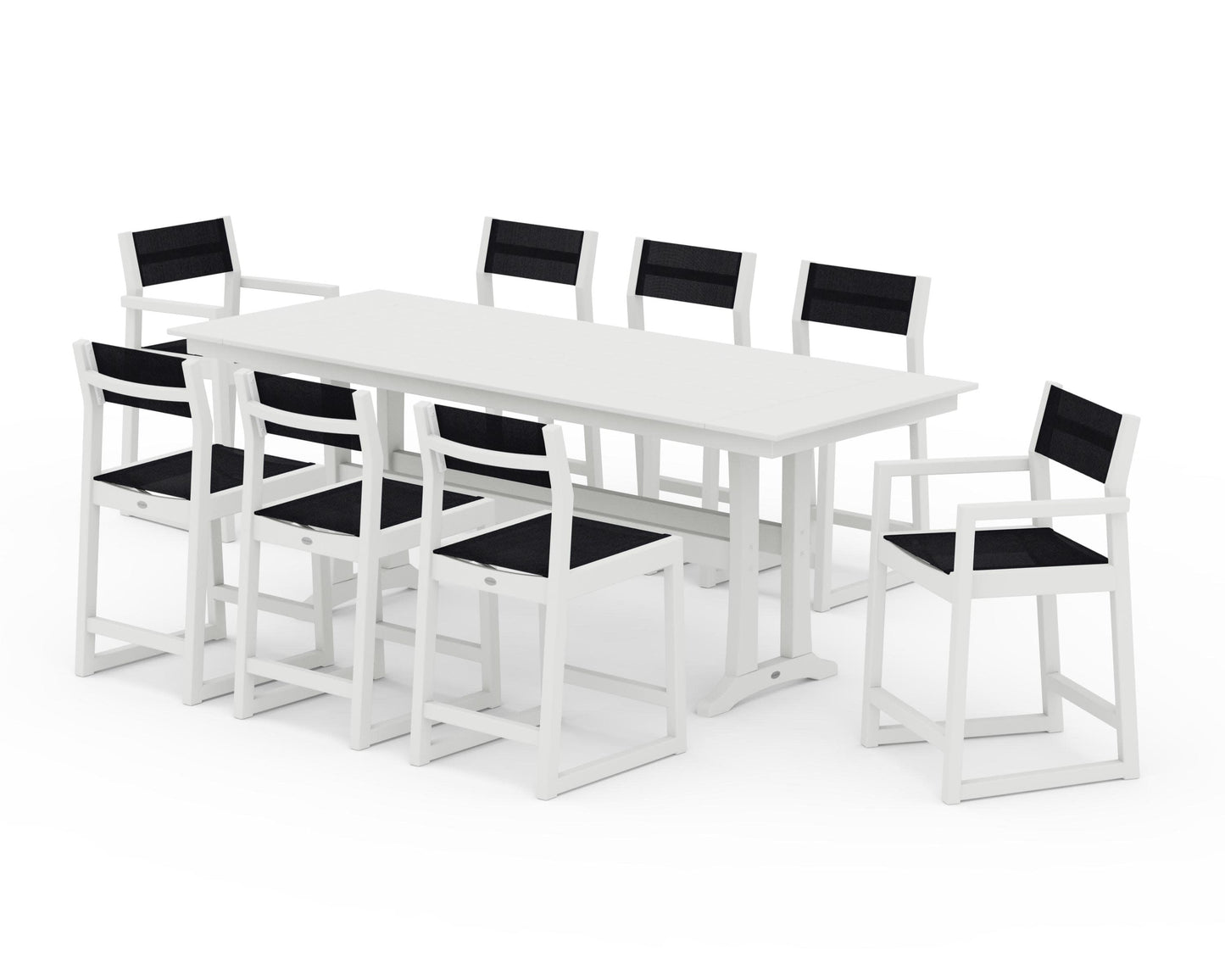 POLYWOOD EDGE Sling 9-Piece Farmhouse Counter Set with Trestle Legs — Vintage White / Black Sling