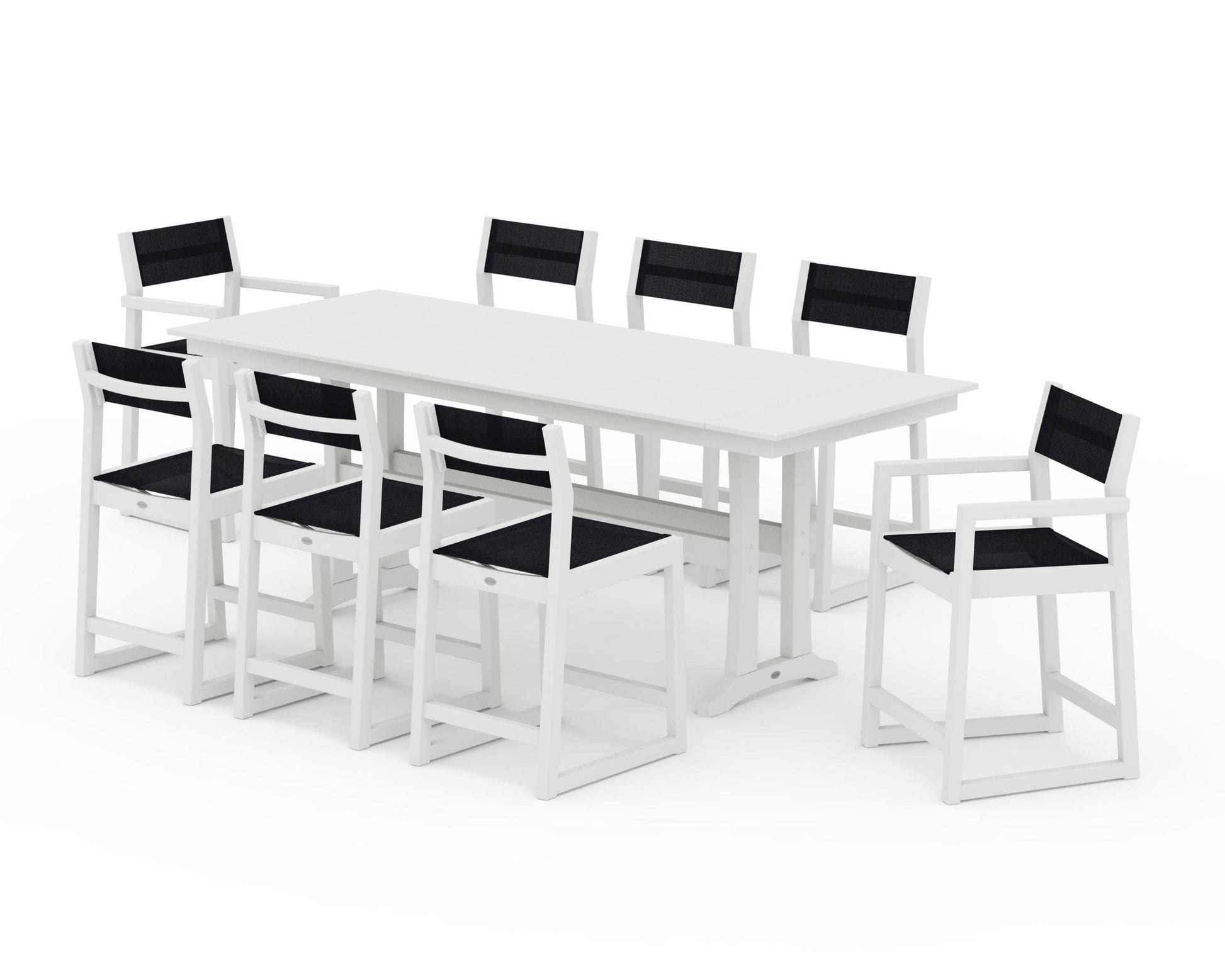 POLYWOOD EDGE Sling 9-Piece Farmhouse Counter Set with Trestle Legs — Vintage White / Black Sling
