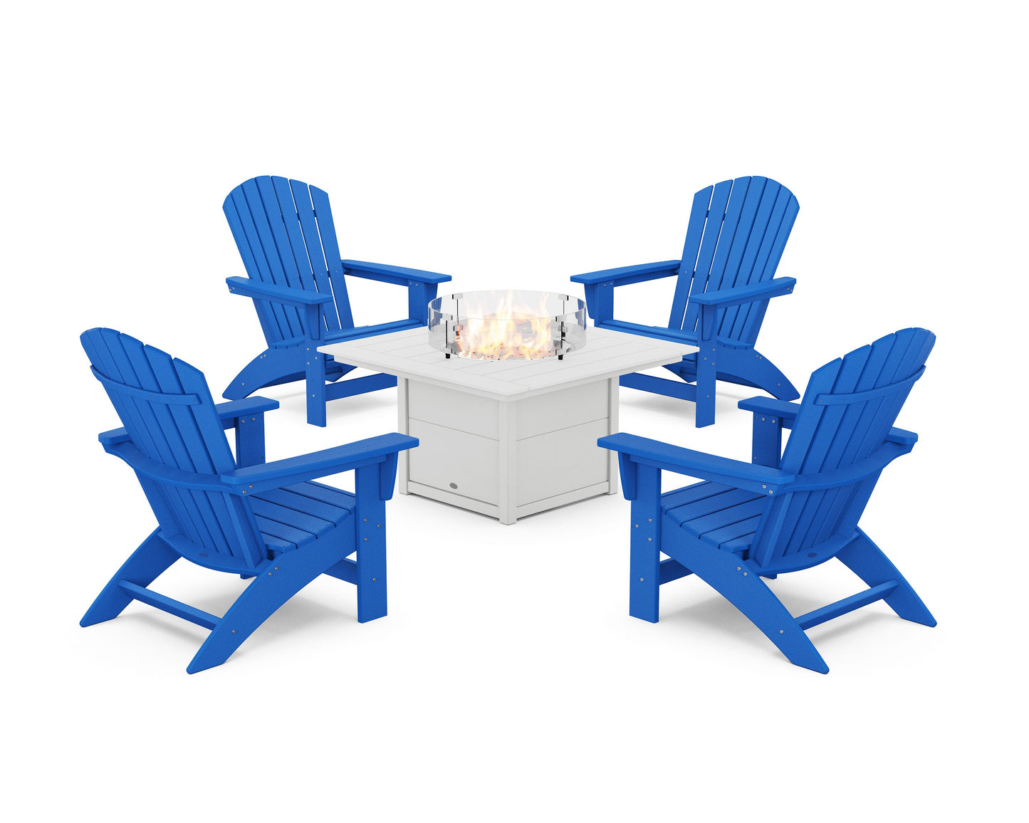 POLYWOOD 5-Piece Nautical Grand Adirondack Conversation Set with Fire Pit Table — Pacific Blue / White