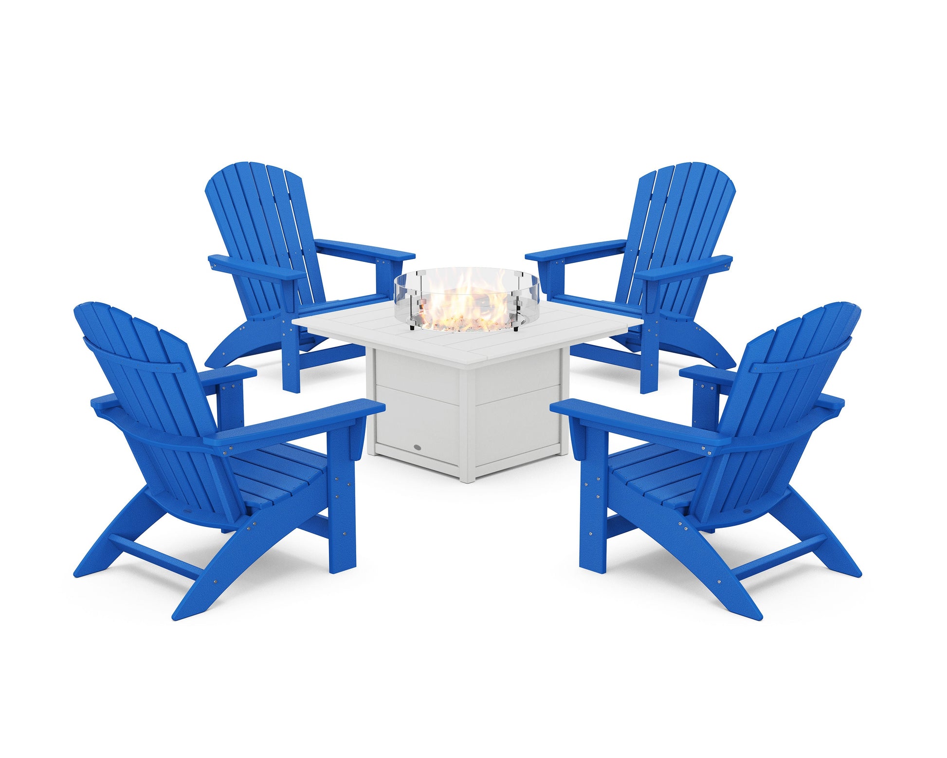 POLYWOOD 5-Piece Nautical Grand Adirondack Conversation Set with Fire Pit Table — Pacific Blue / White