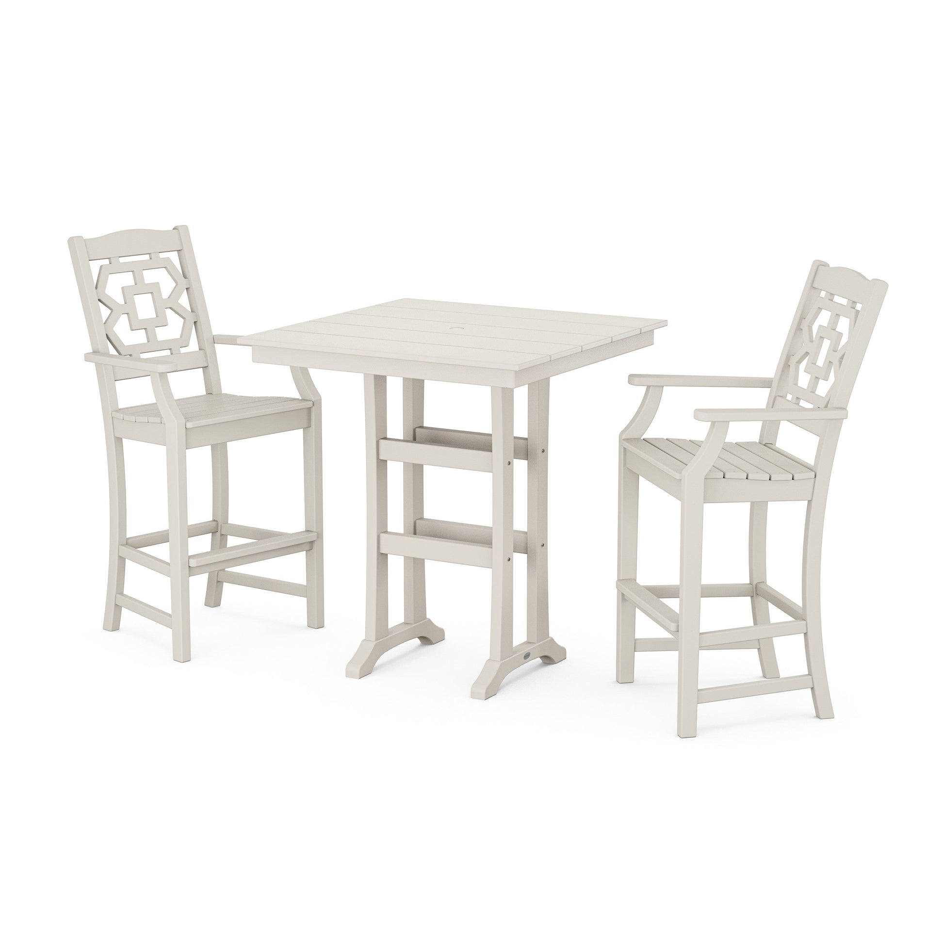 POLYWOOD Chinoiserie 3-Piece Farmhouse Bar Set with Trestle Legs — Sand