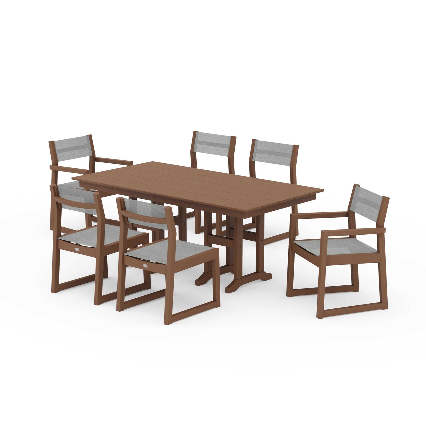 POLYWOOD EDGE Sling 7-Piece Farmhouse Dining Set — Teak / Metallic Sling