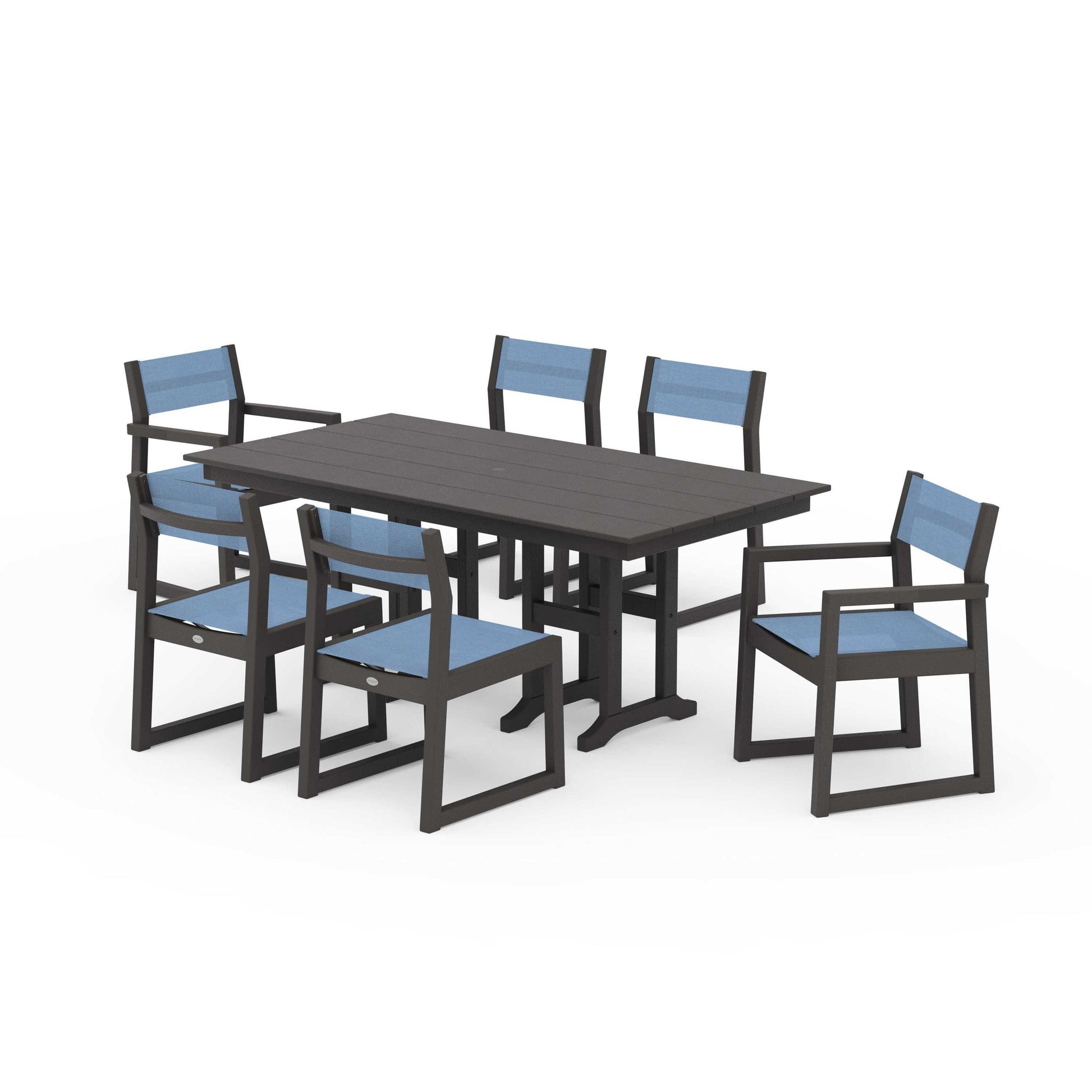POLYWOOD EDGE Sling 7-Piece Farmhouse Dining Set — Vintage Coffee / Poolside Sling