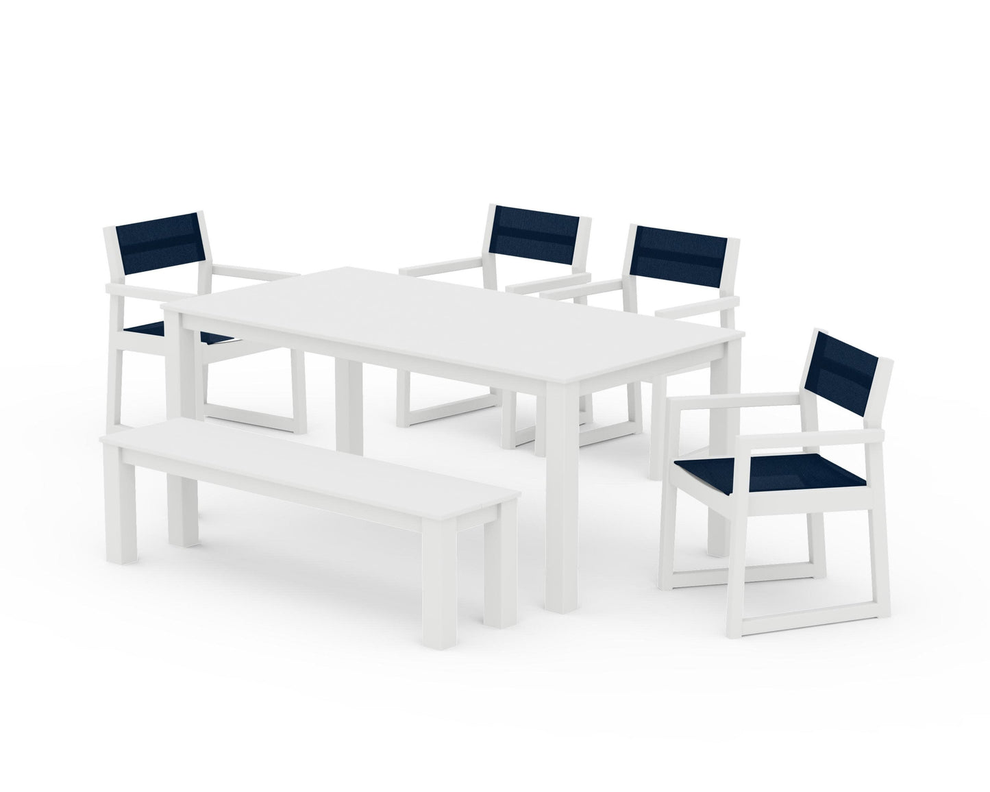 POLYWOOD EDGE Sling Arm Chair 6-Piece Parsons Dining Set with Bench — White / Navy Blue Sling