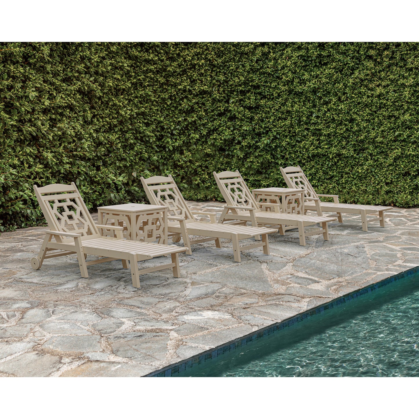 POLYWOOD Chinoiserie 6-Piece Chaise Set with Umbrella Stand Accent Table