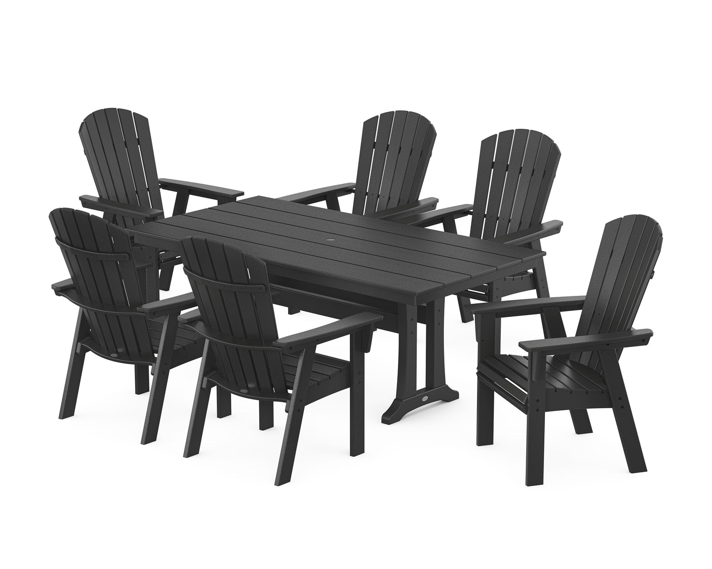 POLYWOOD Nautical Curveback Adirondack 7-Piece Farmhouse Dining Set with Trestle Legs — Black