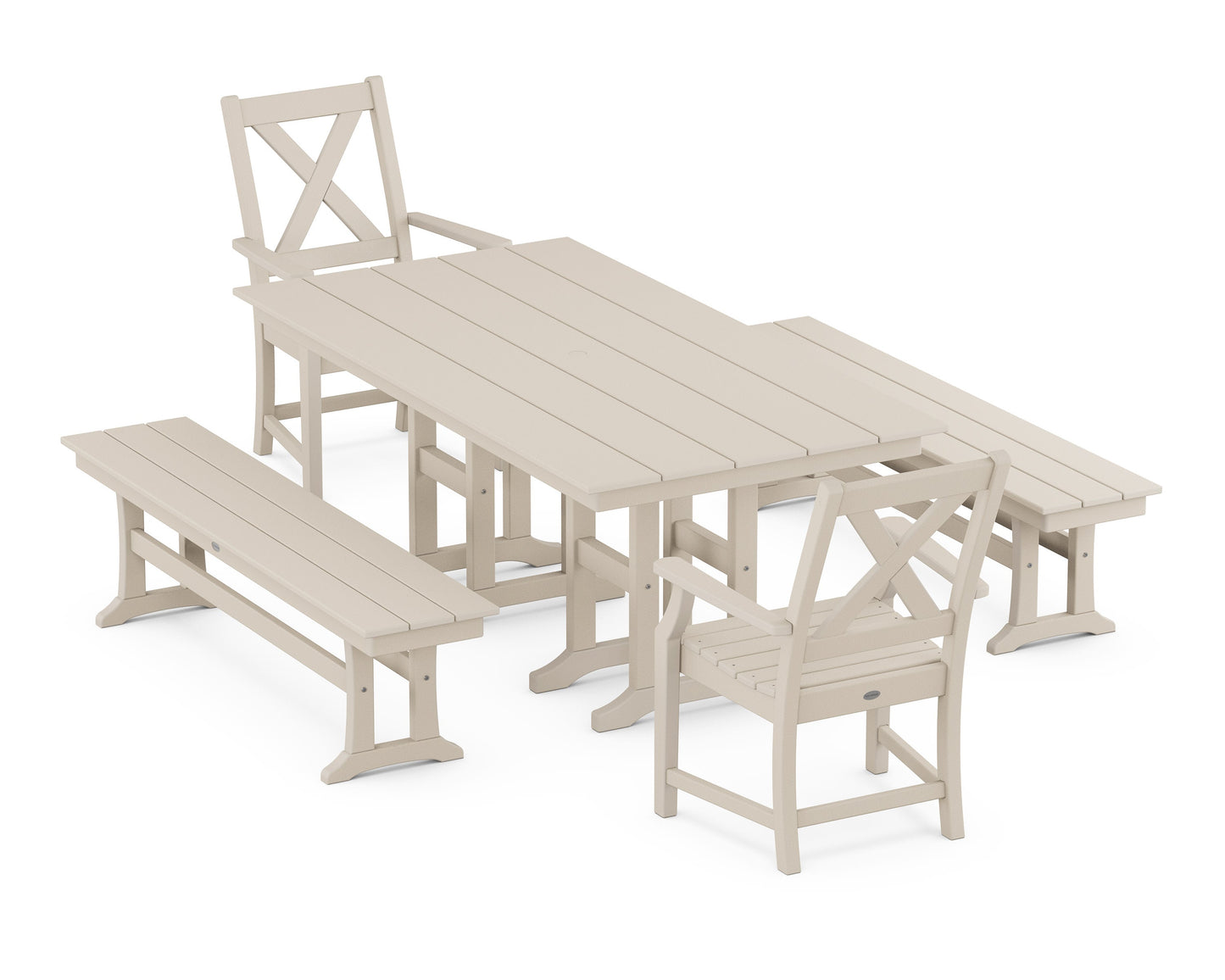 POLYWOOD Braxton 5-Piece Farmhouse Dining Set with Benches — Sand