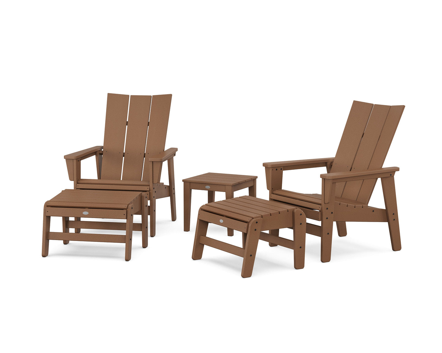 POLYWOOD 5-Piece Modern Grand Upright Adirondack Set with Ottomans and Side Table — Teak