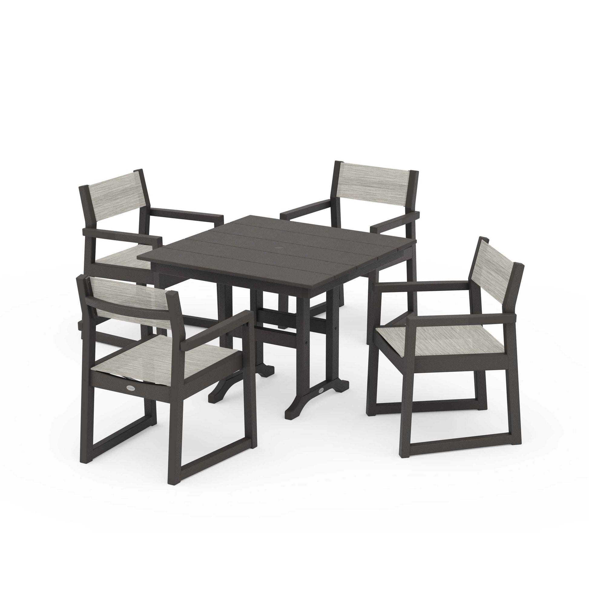 POLYWOOD EDGE Sling Arm Chair 5-Piece Farmhouse Dining Set — Vintage Coffee / Birch Sling