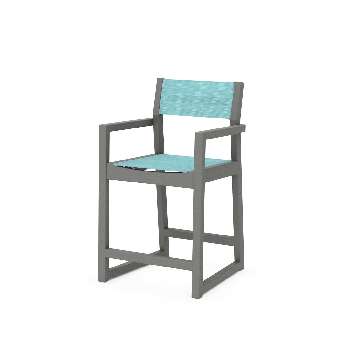 POLYWOOD EDGE Sling Counter Arm Chair — Slate Grey / Dupioni Aquamarine Sling