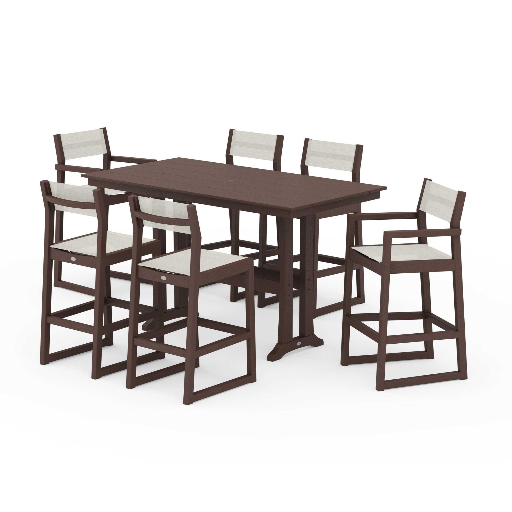 POLYWOOD EDGE Sling 7-Piece Farmhouse Bar Set with Trestle Legs — Mahogany / Parchment Sling