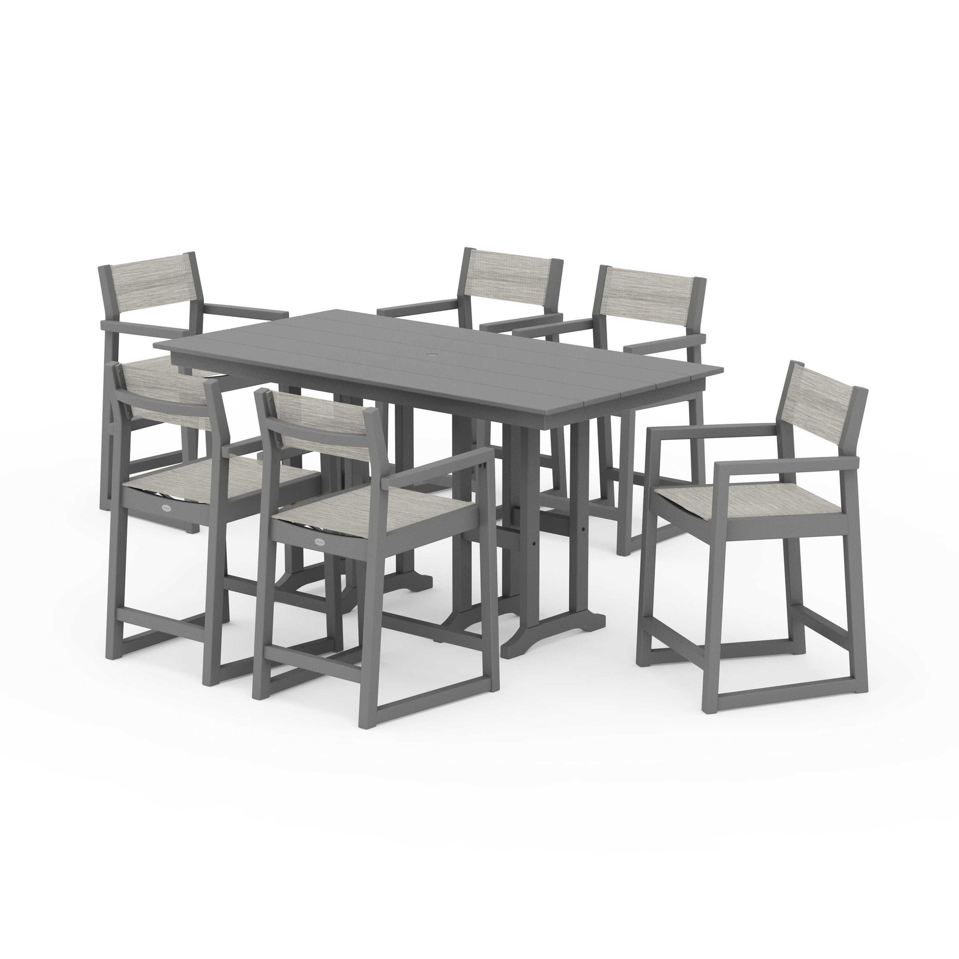 POLYWOOD EDGE Sling Arm Chair 7-Piece Farmhouse Counter Set — Slate Grey / Birch Sling