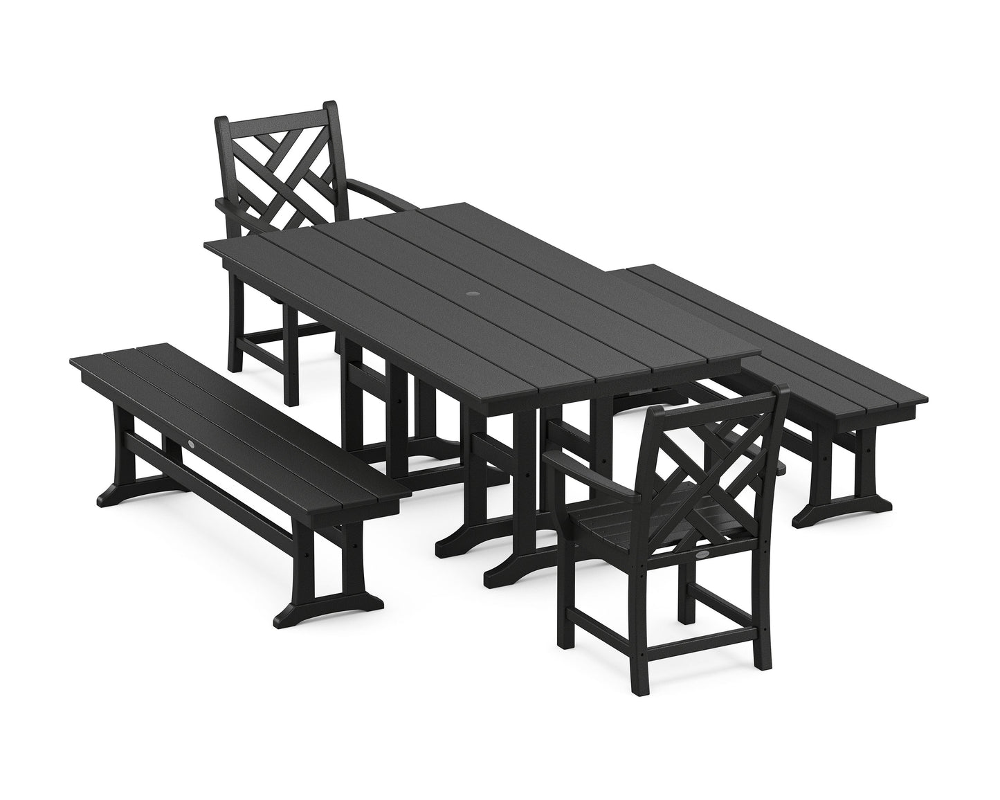 POLYWOOD Chippendale 5-Piece Farmhouse Dining Set with Benches — Black