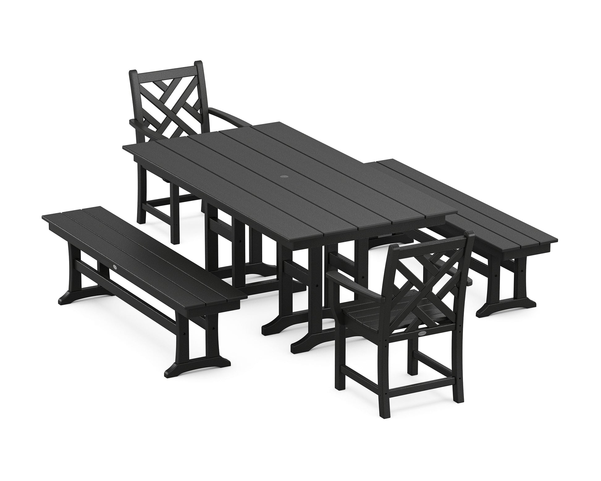 POLYWOOD Chippendale 5-Piece Farmhouse Dining Set with Benches — Black