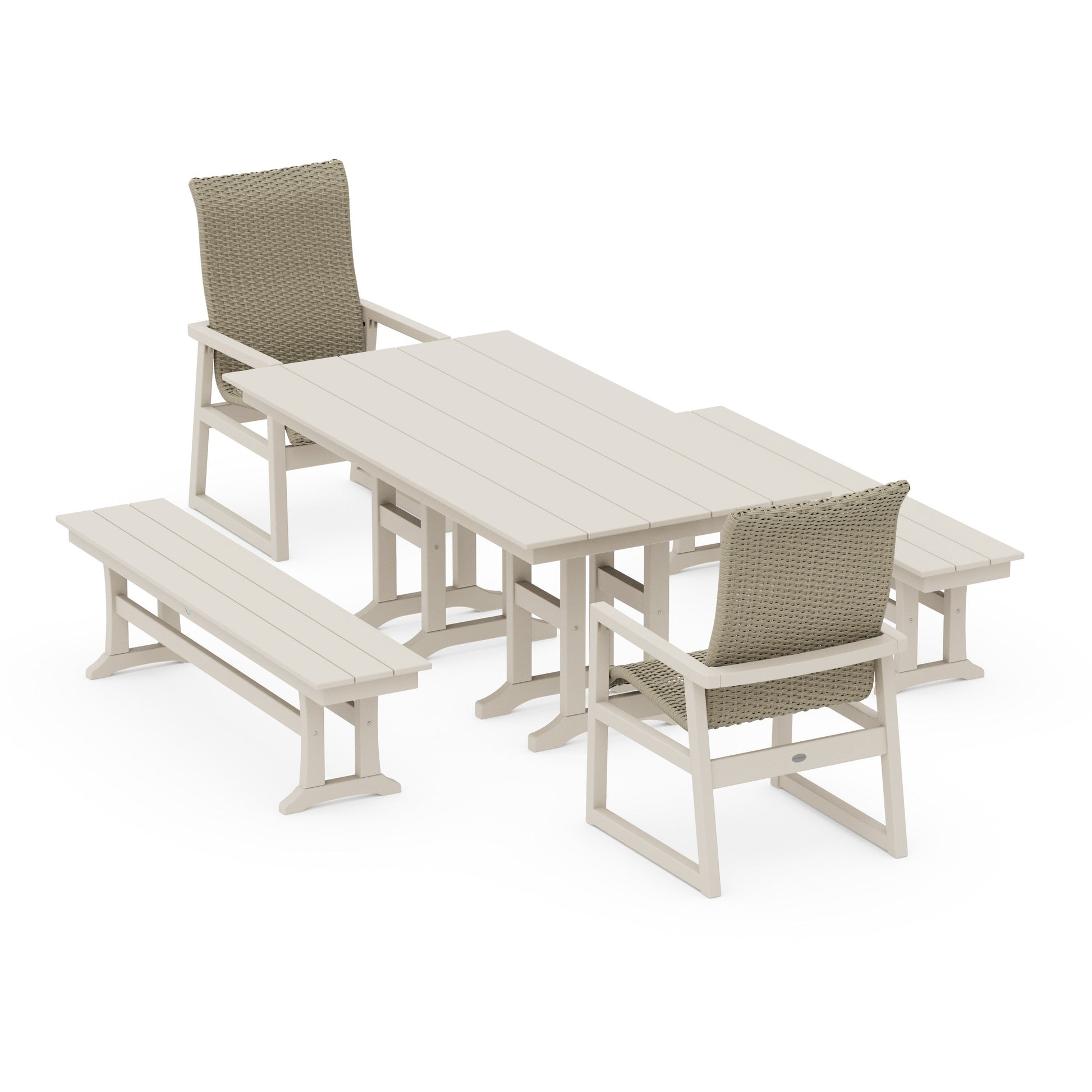 POLYWOOD EDGE Woven Highback 5-Piece Farmhouse Dining Set with Benches — Sand / Dune Grass