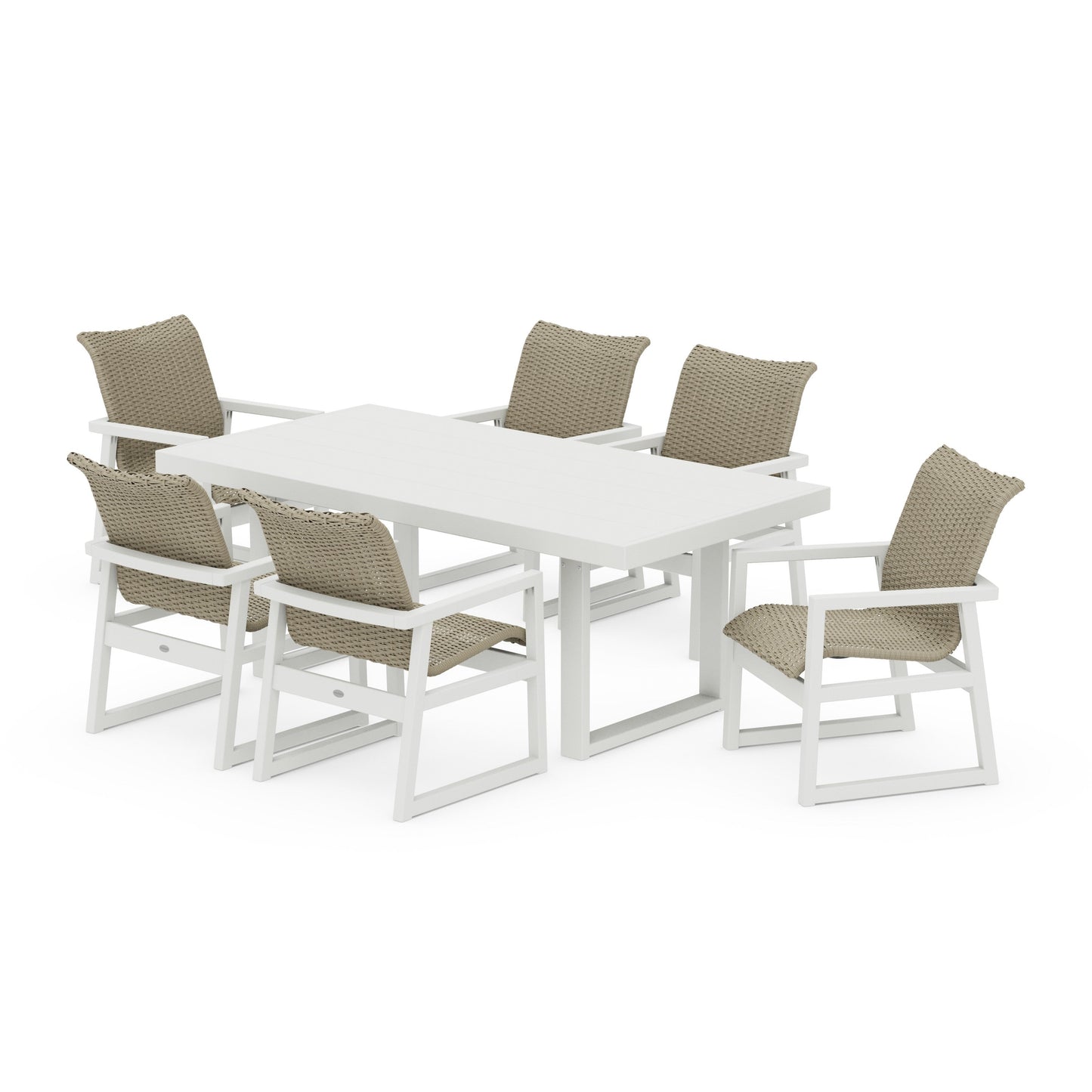 POLYWOOD EDGE Woven Arm Chair 7-Piece Dining Set — Vintage White / Dune Grass