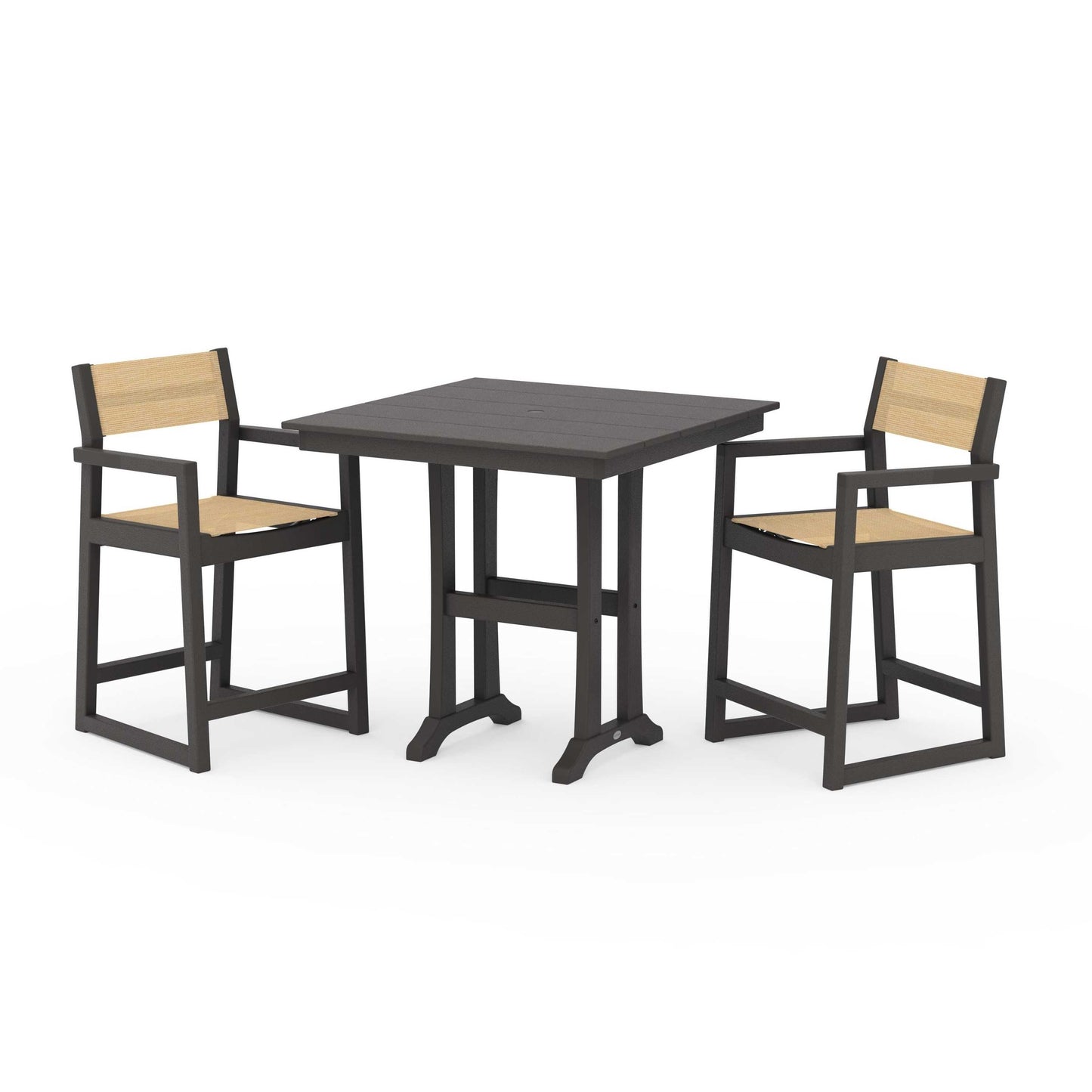 POLYWOOD EDGE Sling Arm Chair 3-Piece Farmhouse Counter Set with Trestle Legs — Vintage Coffee / Dupioni Apricot Sling