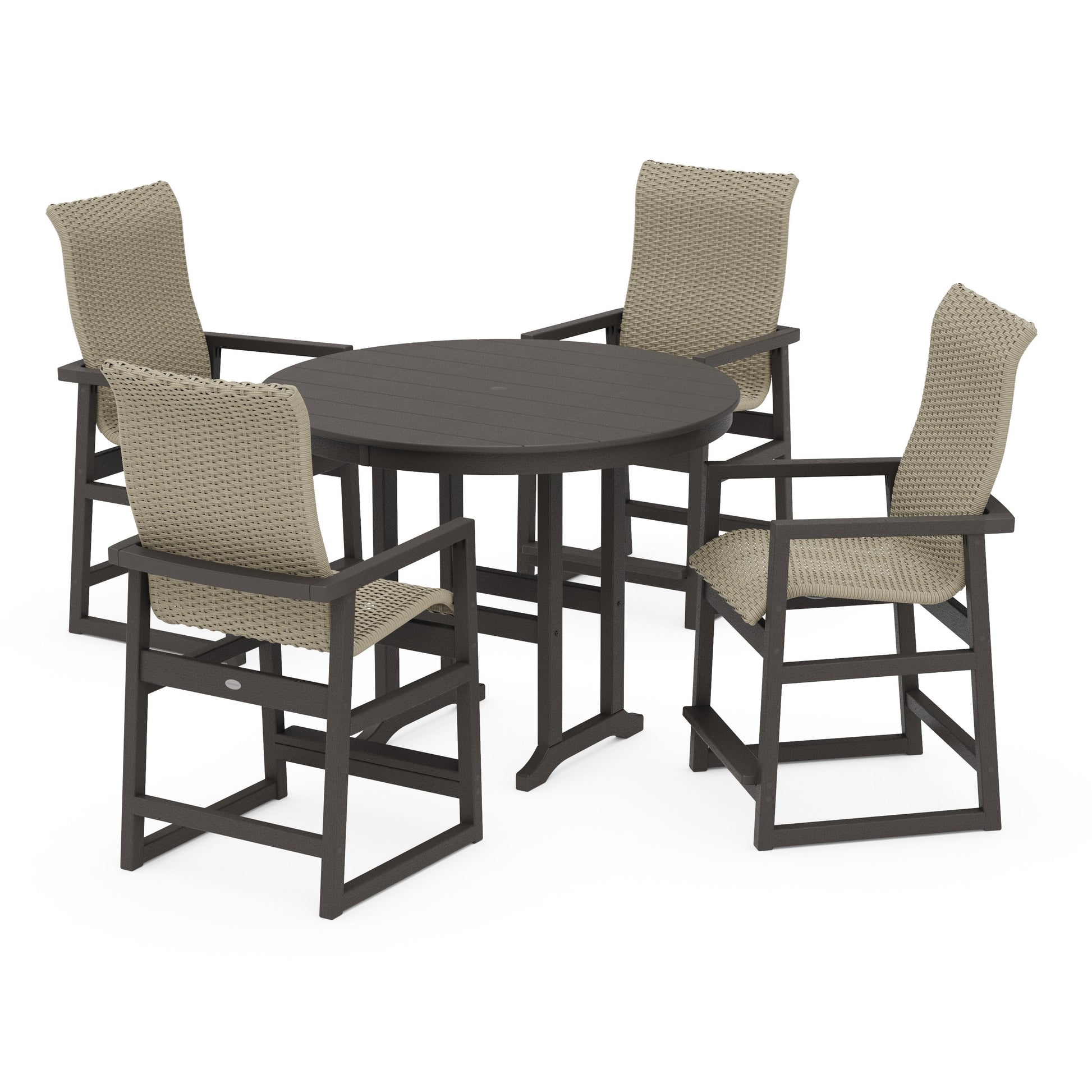 POLYWOOD EDGE Woven Highback 5-Piece Round Farmhouse Counter Set — Vintage Coffee / Dune Grass