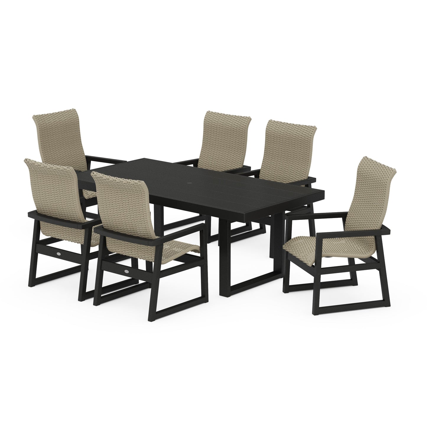 POLYWOOD EDGE Woven Highback Arm Chair 7-Piece Dining Set — Black / Dune Grass