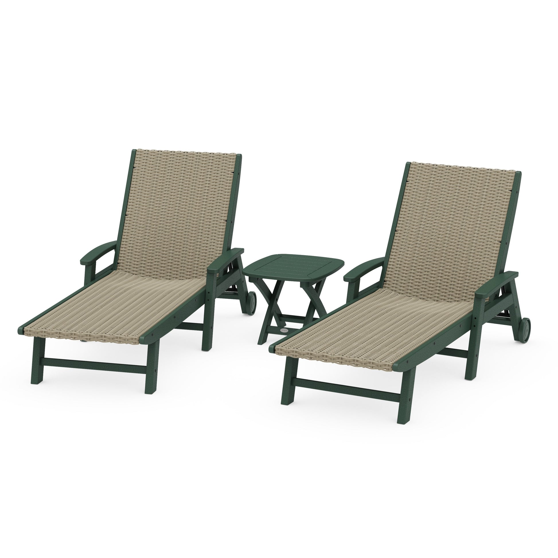 POLYWOOD 3-Piece Coastal Woven Chaise with Arms and Wheels Chaise Lounge Set — Green / Dune Grass